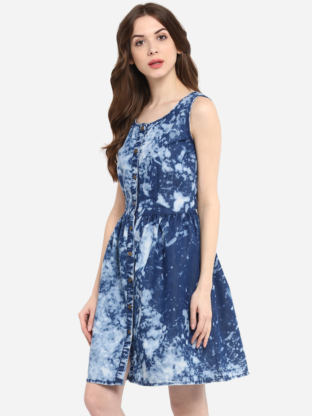 Women's Blue Cloud effect Denim Dress with elasticated Waistline