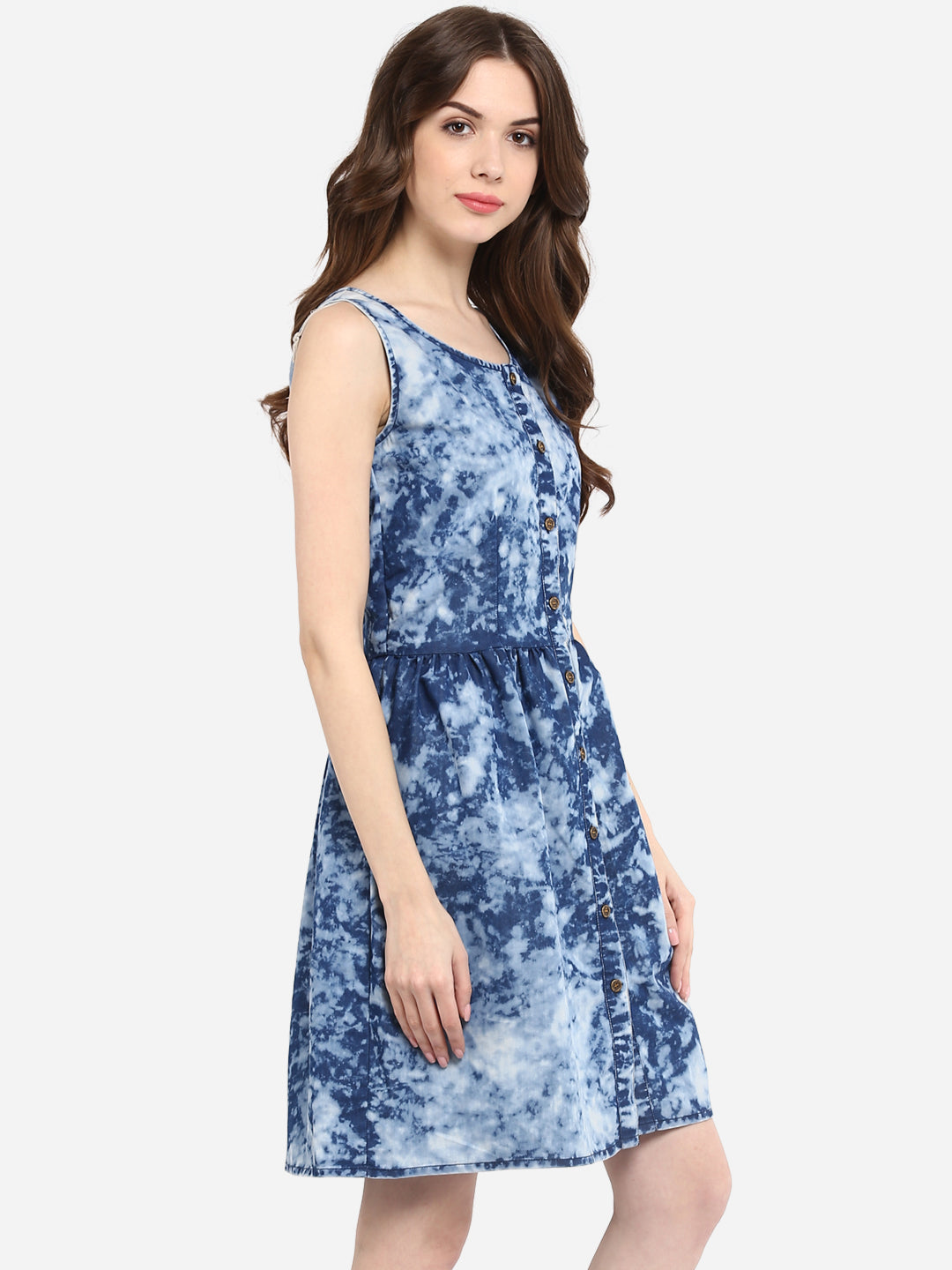 Women's Blue Cloud effect Denim Dress with elasticated Waistline