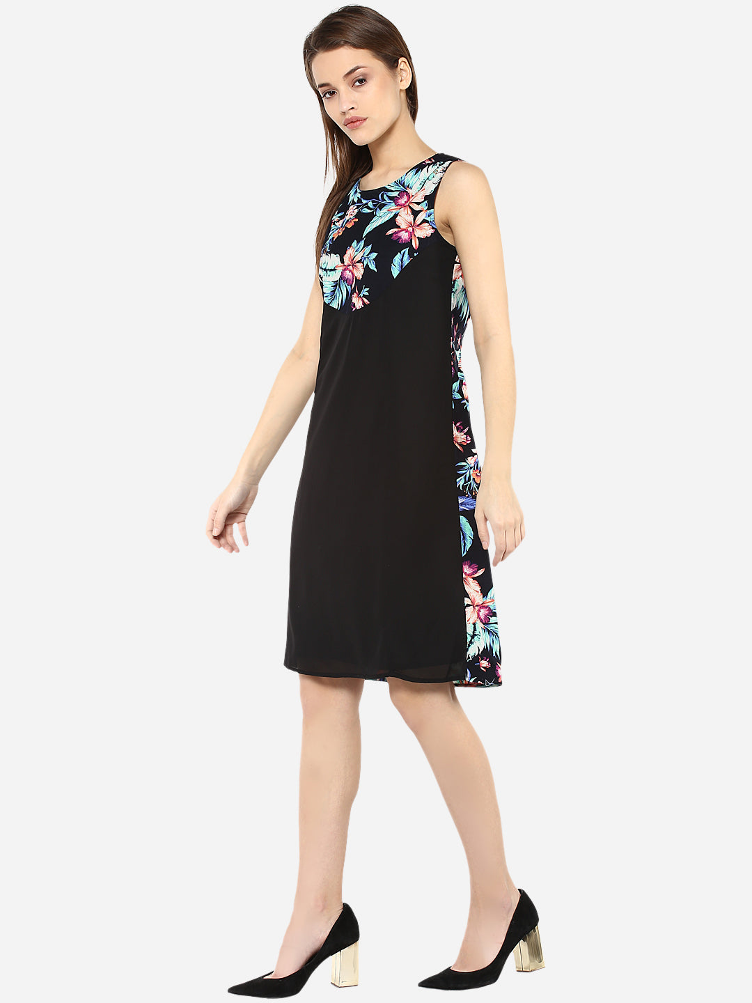 Women's Tropical Print and Black Dress