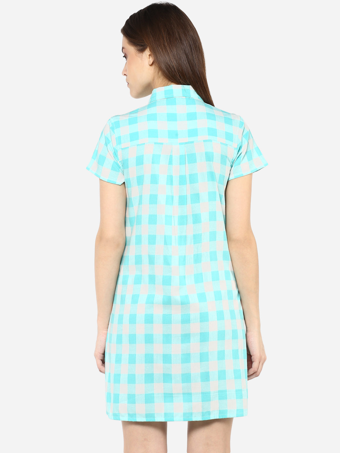 Women's Ice Blue and White Check Shirt Dress cum Tunic