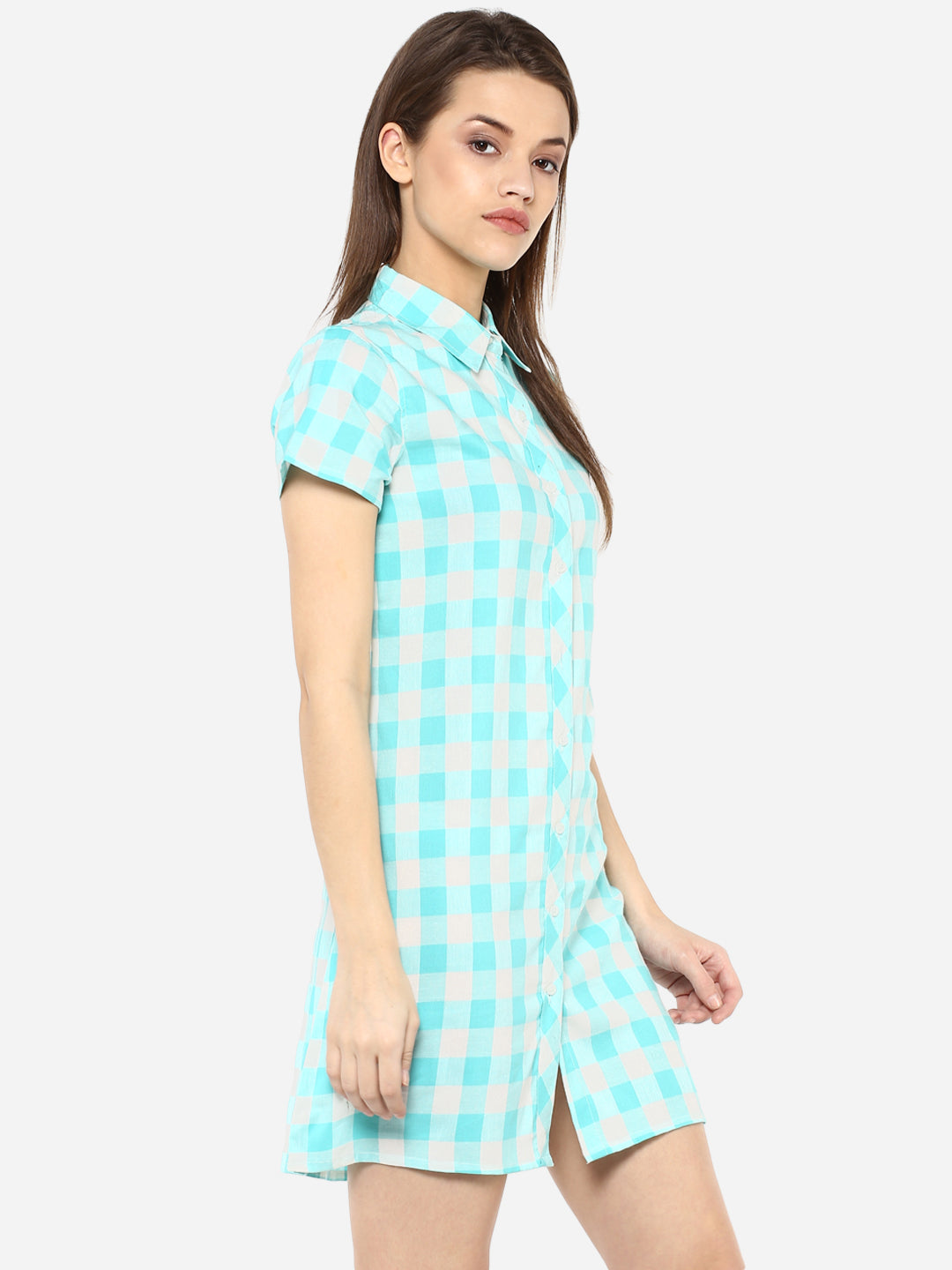 Women's Ice Blue and White Check Shirt Dress cum Tunic