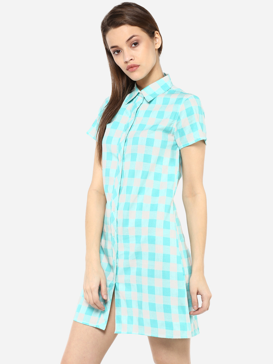 Women's Ice Blue and White Check Shirt Dress cum Tunic