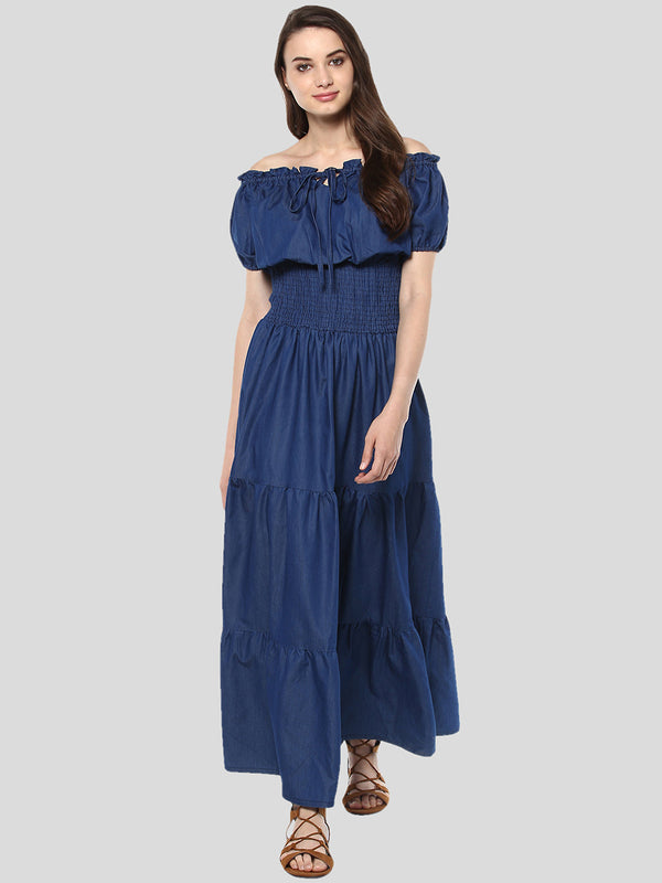 Women's Denim Peasant Styled Maxi Dress