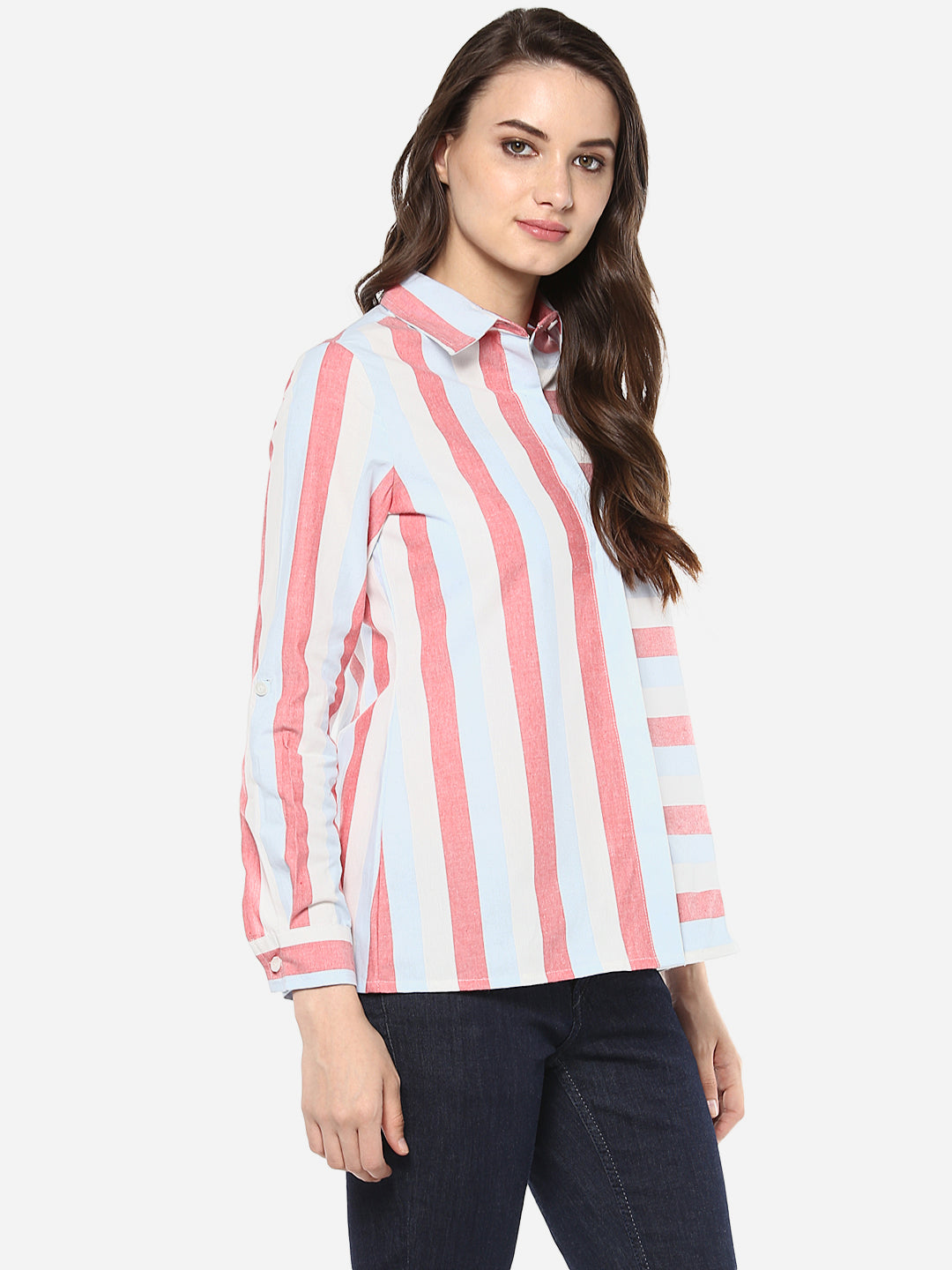 Women's Cotton Horizontal and Vertical Striped Shirt