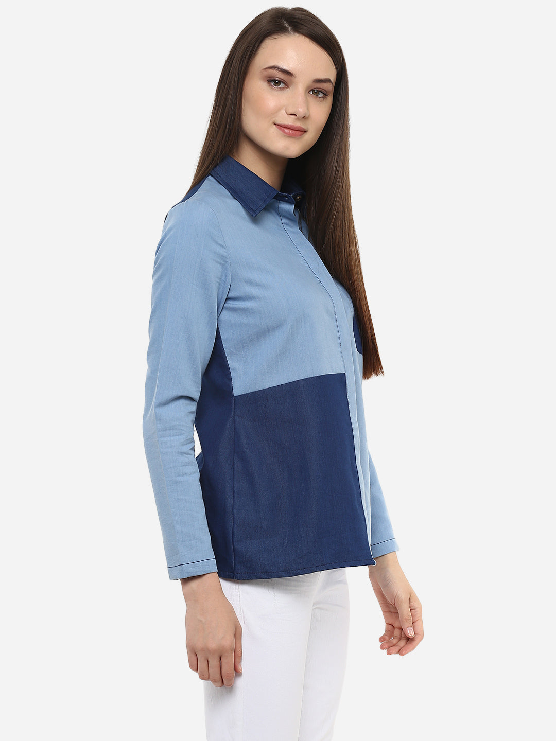 Women's Denim Light and Dark Blue Patch Shirt