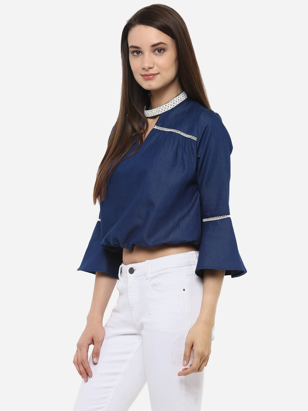 Women's Denim peasant top with Lace detailing