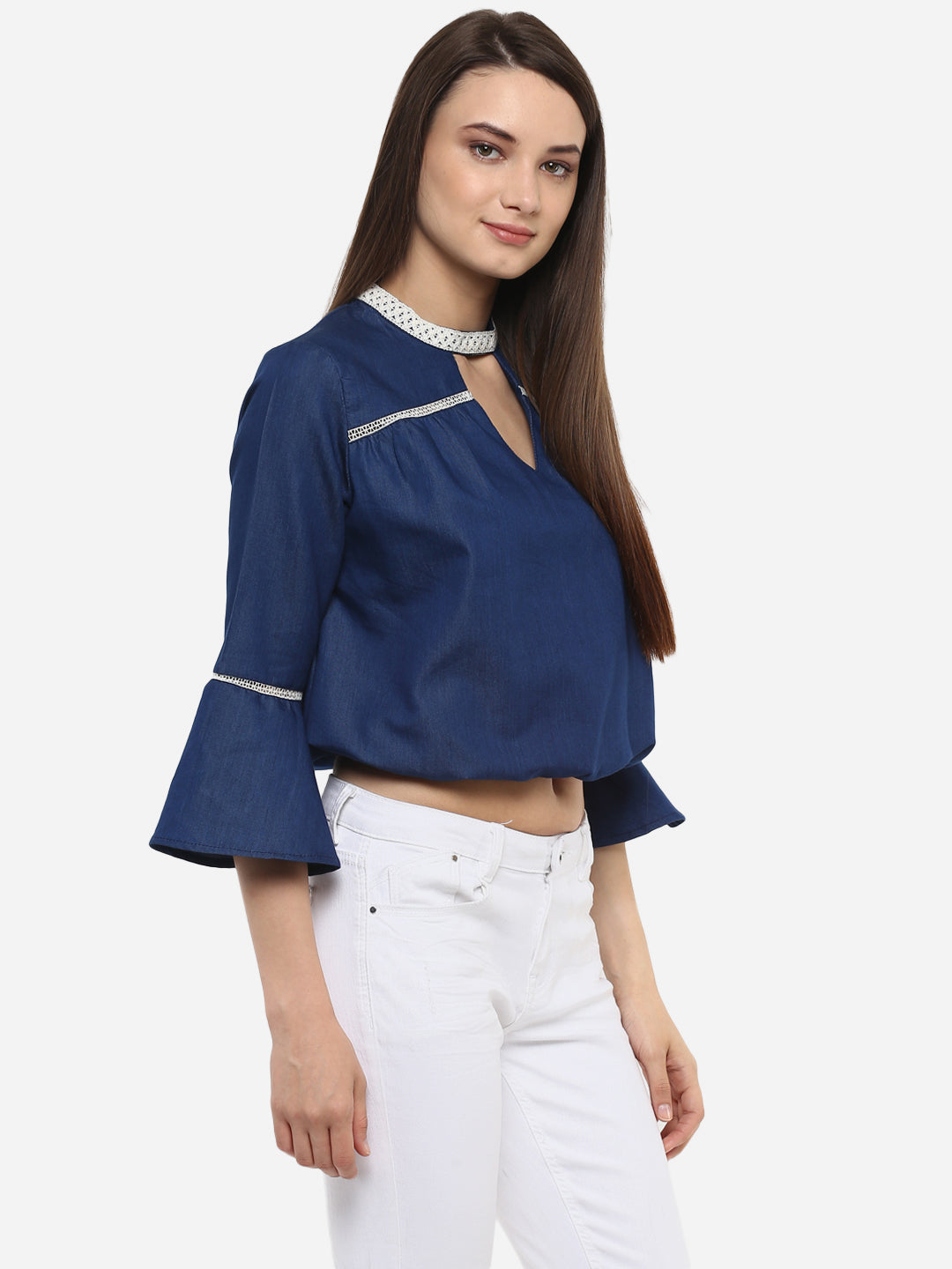 Women's Denim peasant top with Lace detailing