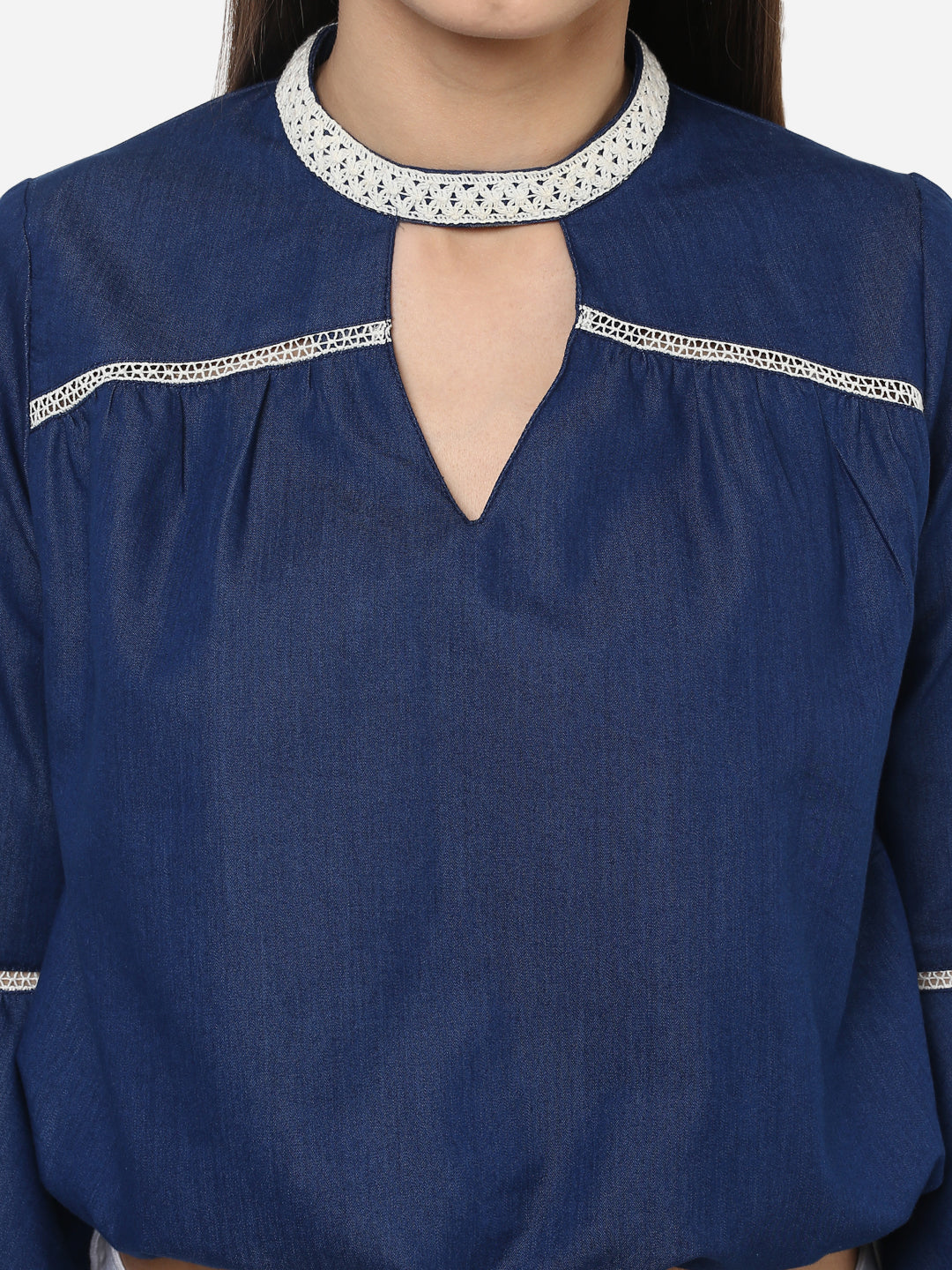 Women's Denim peasant top with Lace detailing