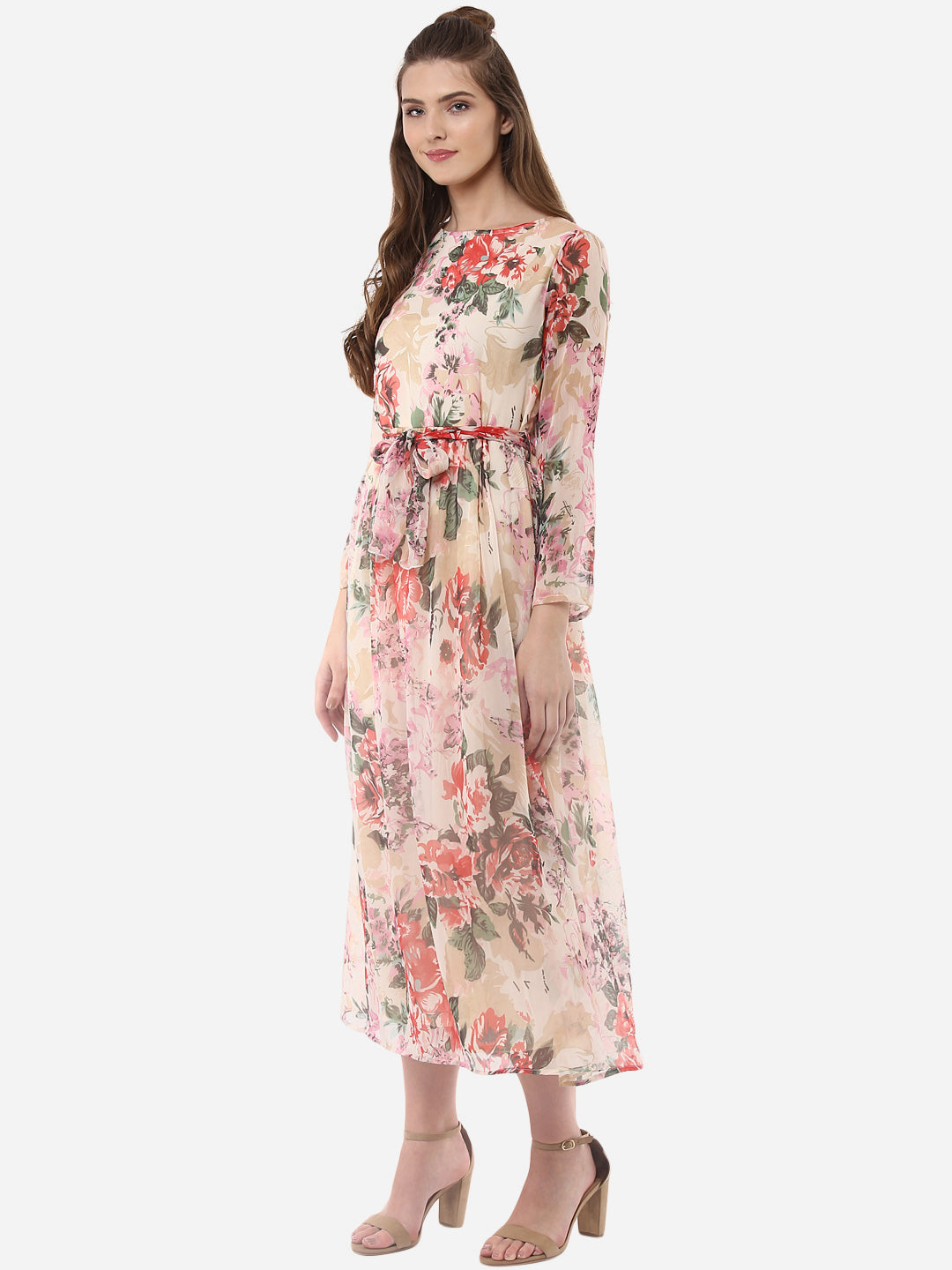 Women's Floral Chiffon Dress with Belt