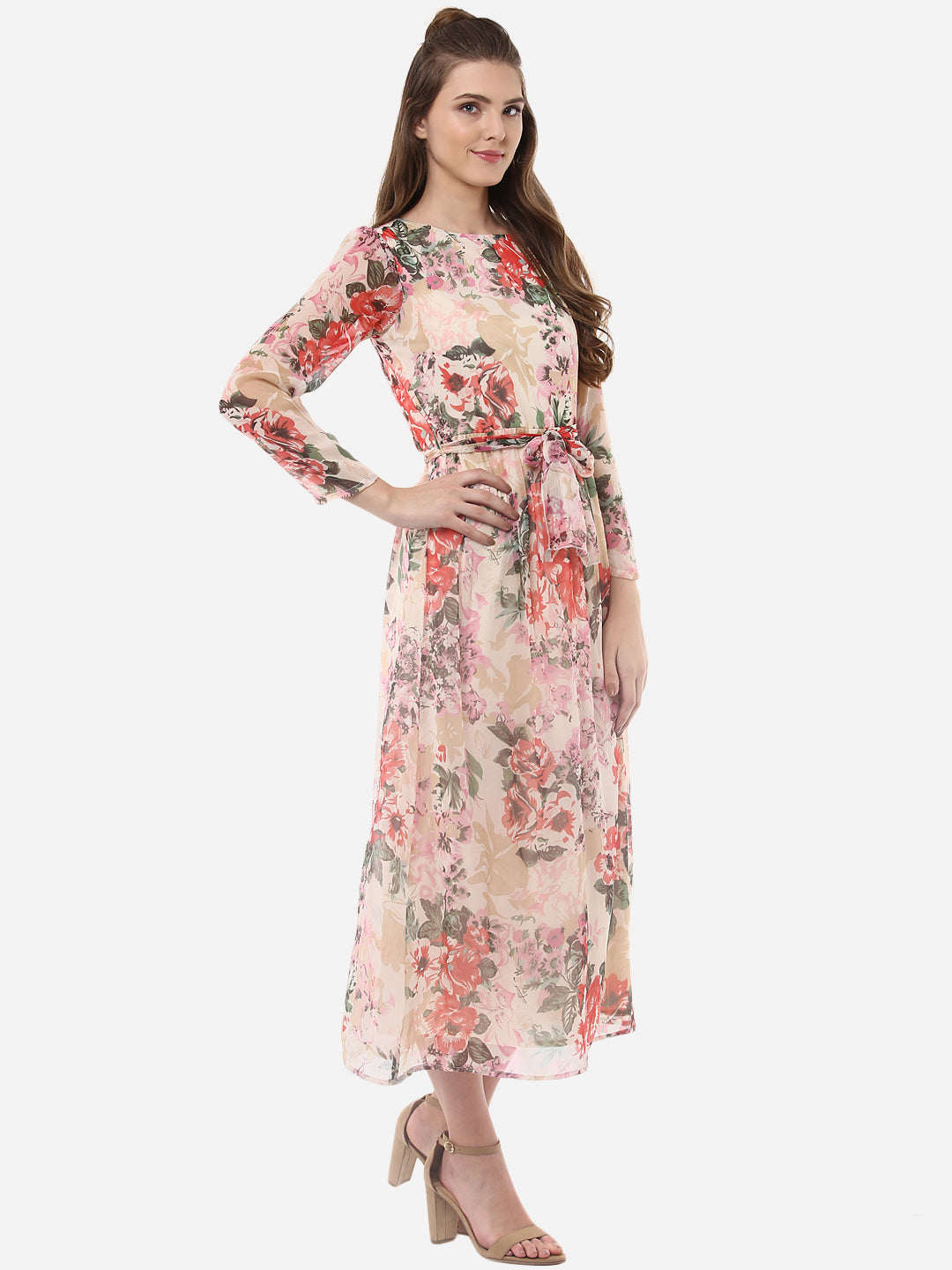 Women's Floral Chiffon Dress with Belt