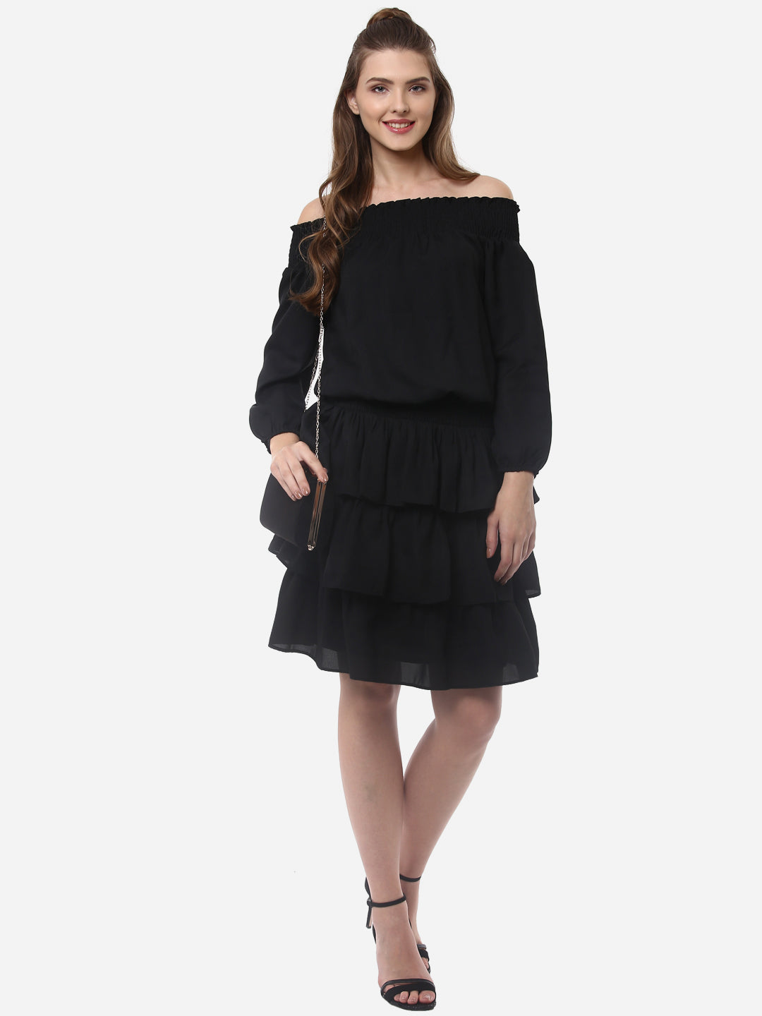 Women's Black Polyester Dress with Multiple Tiers