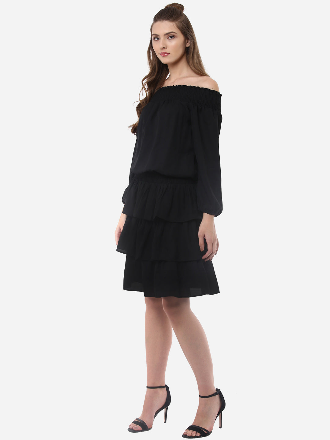 Women's Black Polyester Dress with Multiple Tiers