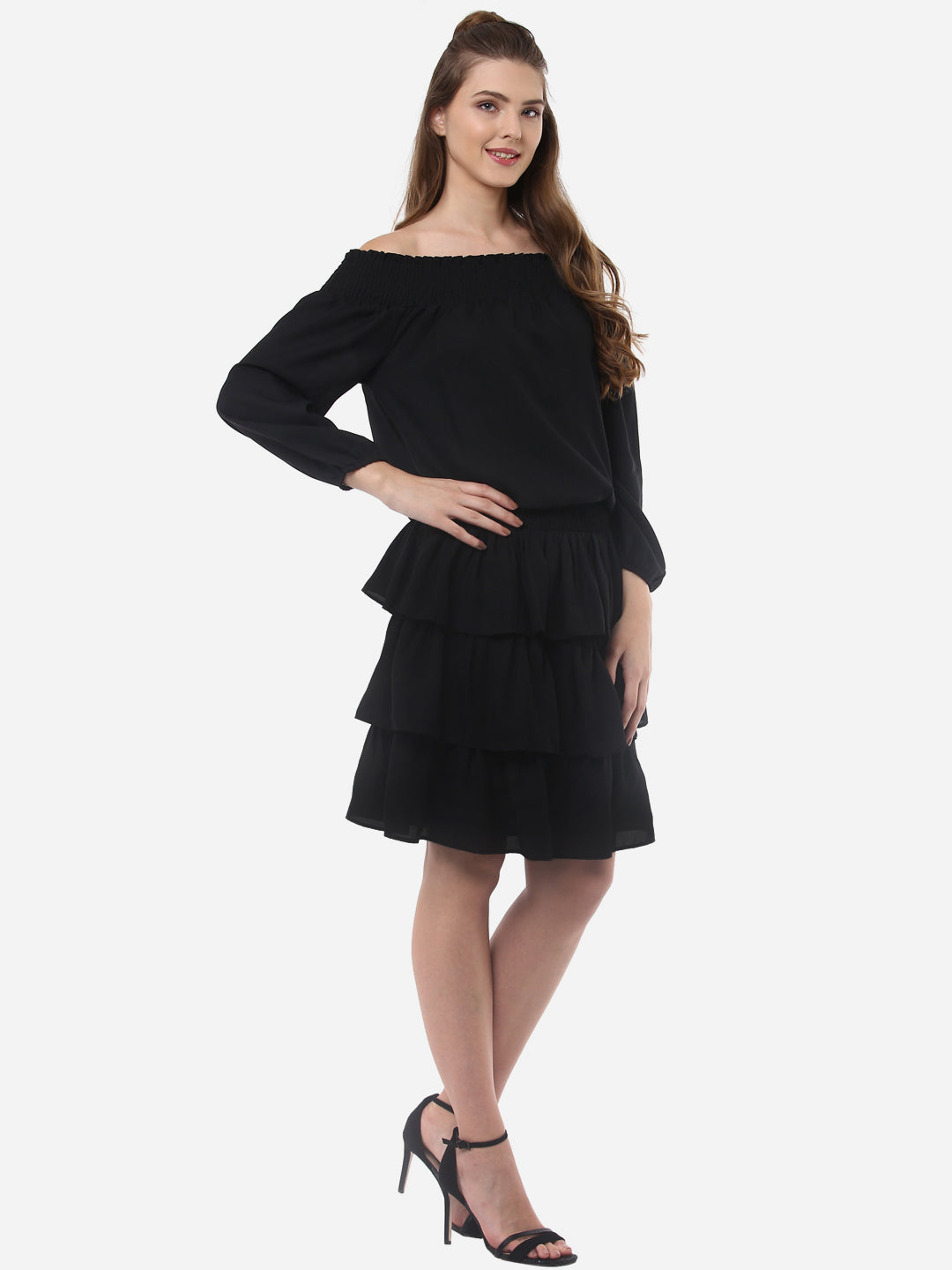 Women's Black Polyester Dress with Multiple Tiers – Stylestone