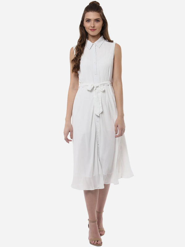 Women's White Polyester Midi Dress