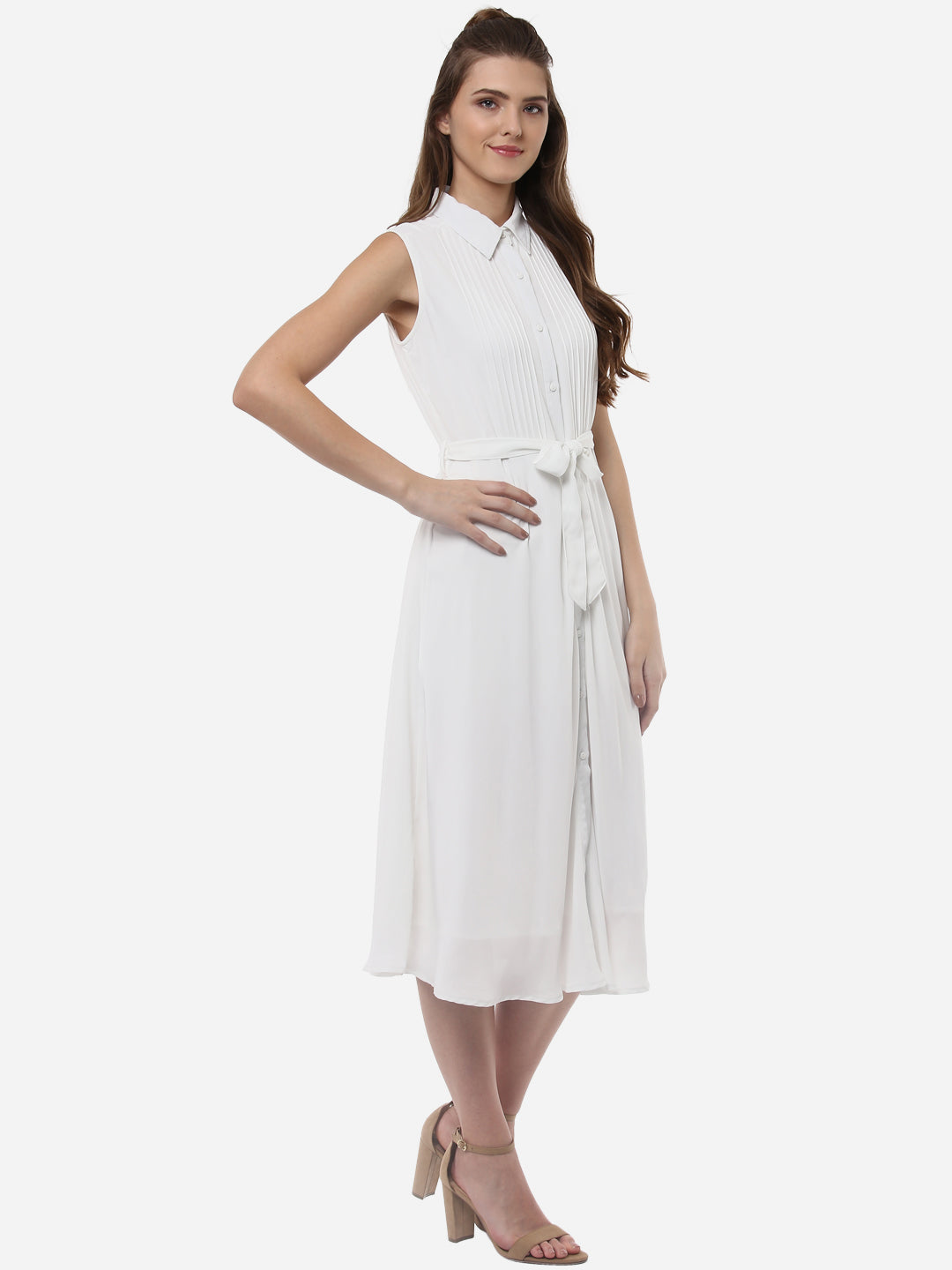 Women's White Polyester Midi Dress