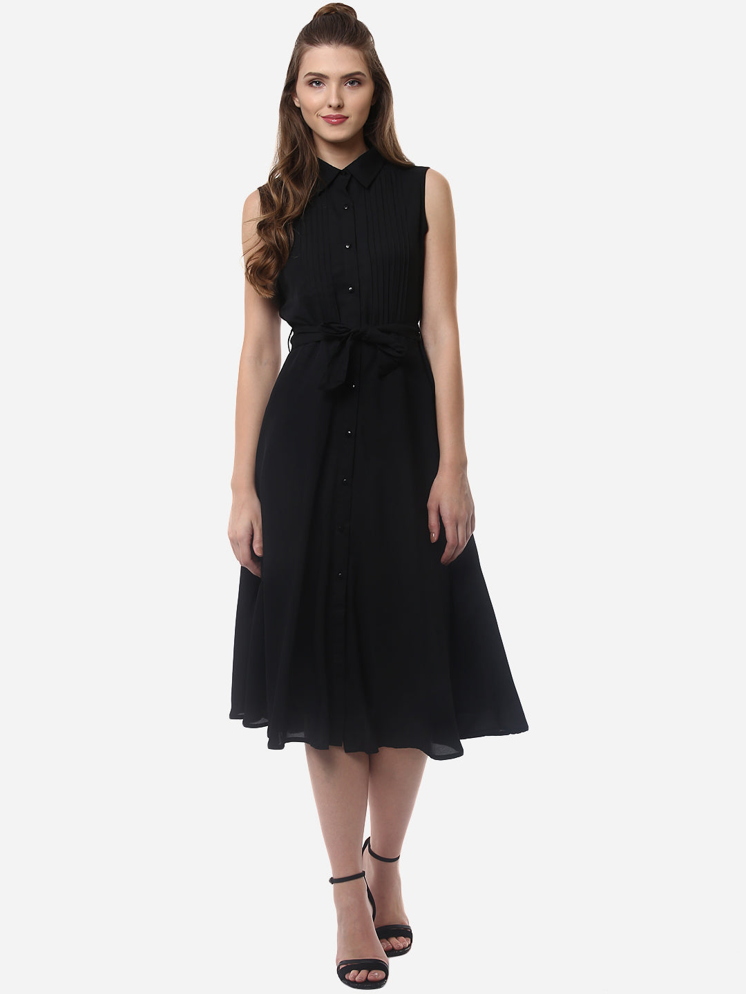 Women's Black Polyester Midi Dress