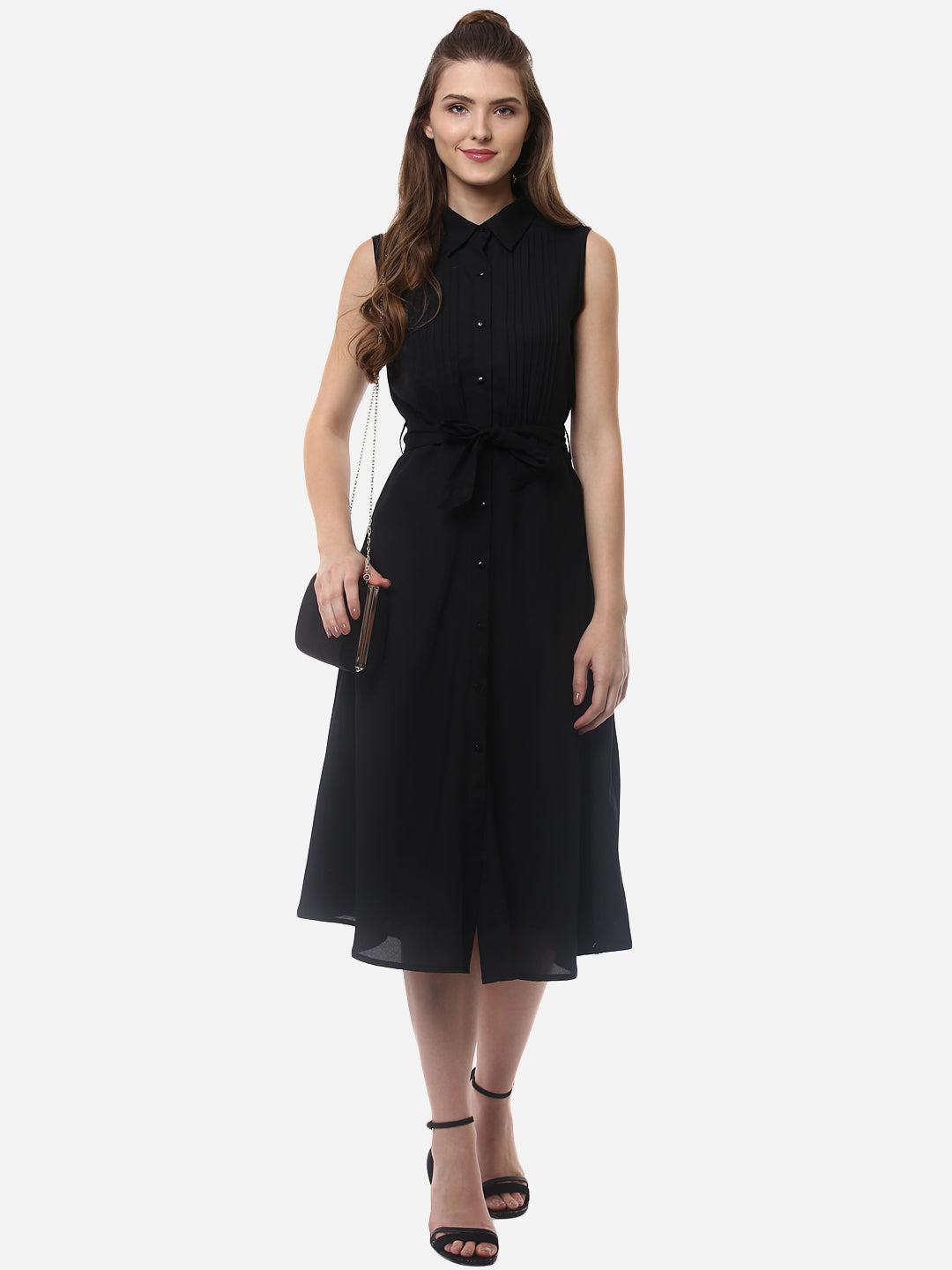 Women's Black Polyester Midi Dress