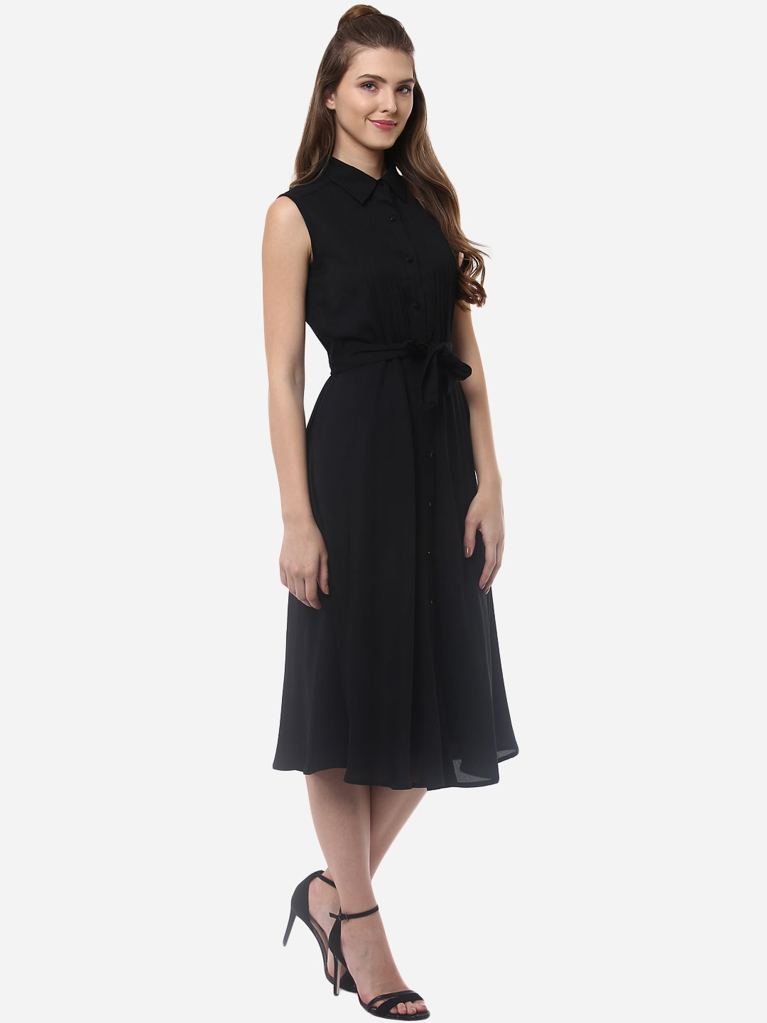 Women's Black Polyester Midi Dress