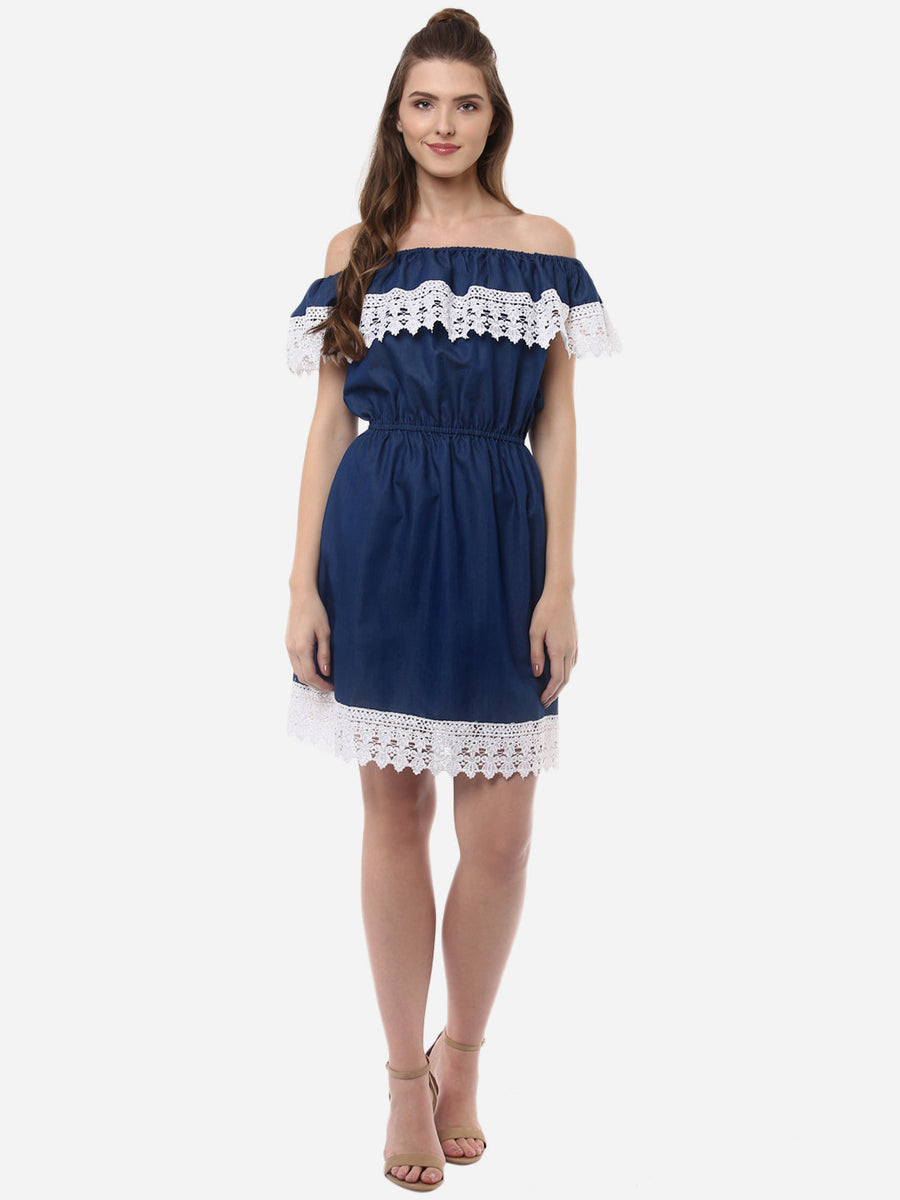 Women's OffShoulder Denim Dress with Lace Inserts – Stylestone