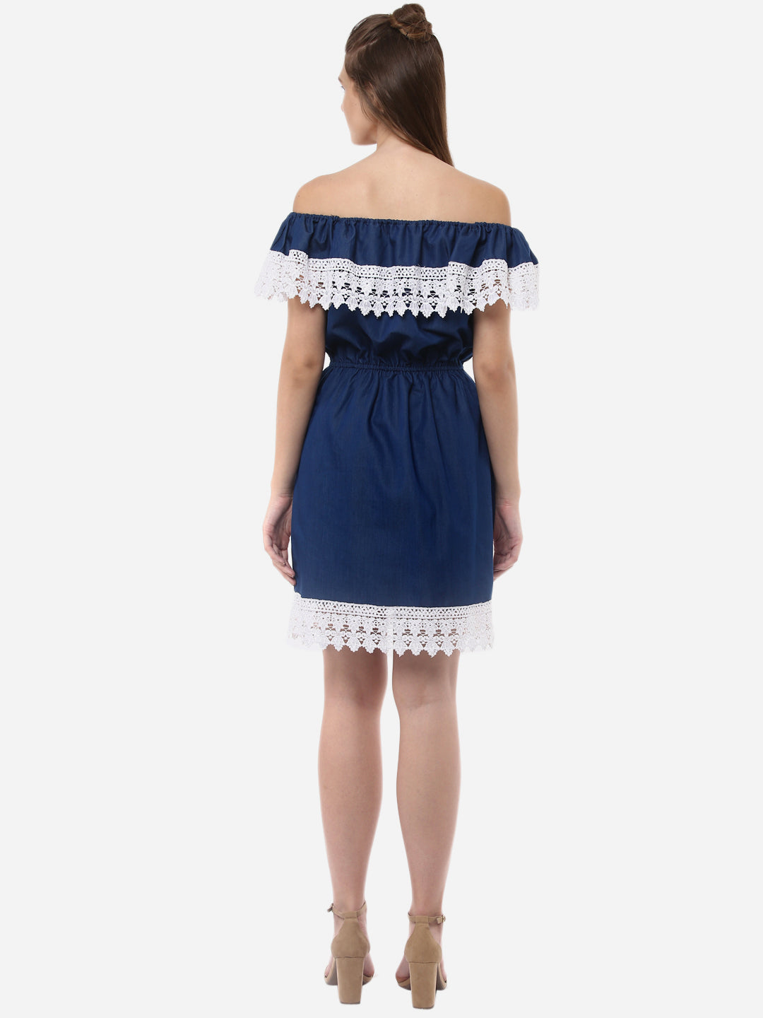 Women's OffShoulder Denim Dress with Lace Inserts