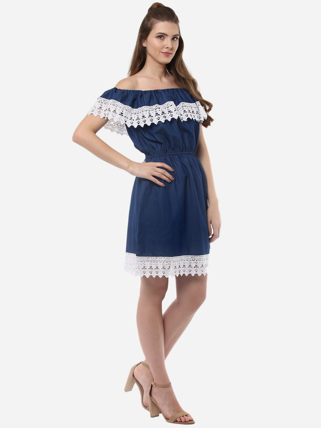 Women's OffShoulder Denim Dress with Lace Inserts
