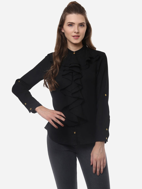 Women's Black Polyester Ruffle Top