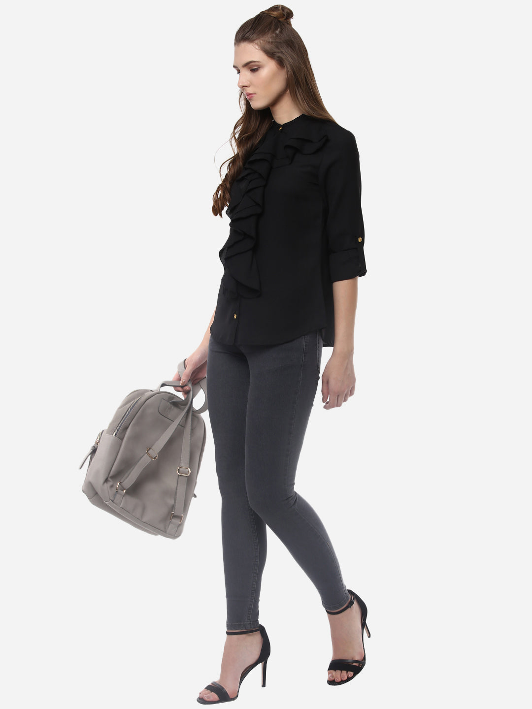 Women's Black Polyester Ruffle Top