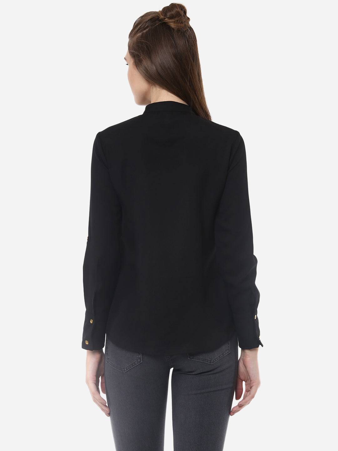 Women's Black Polyester Ruffle Top