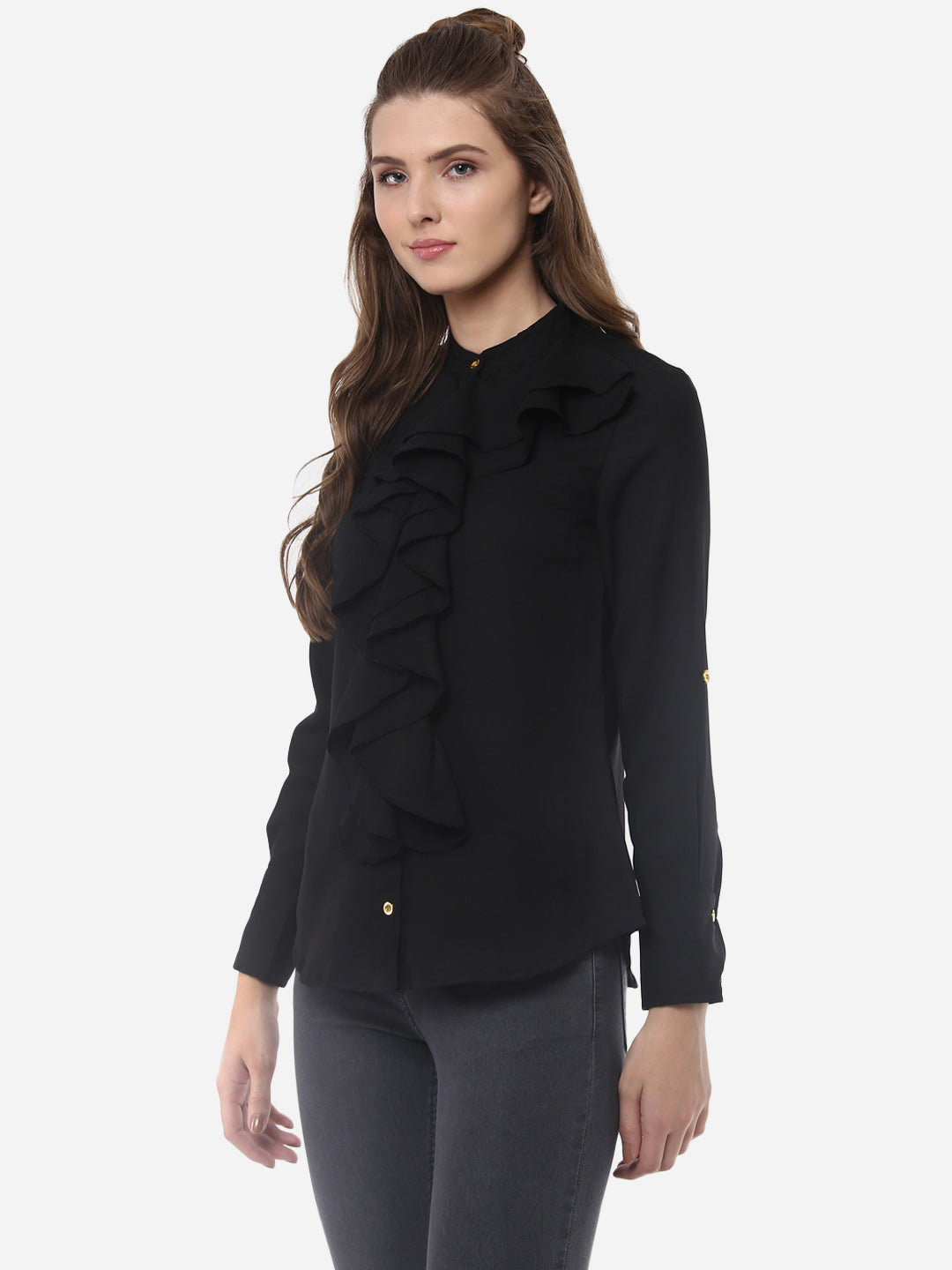 Women's Black Polyester Ruffle Top