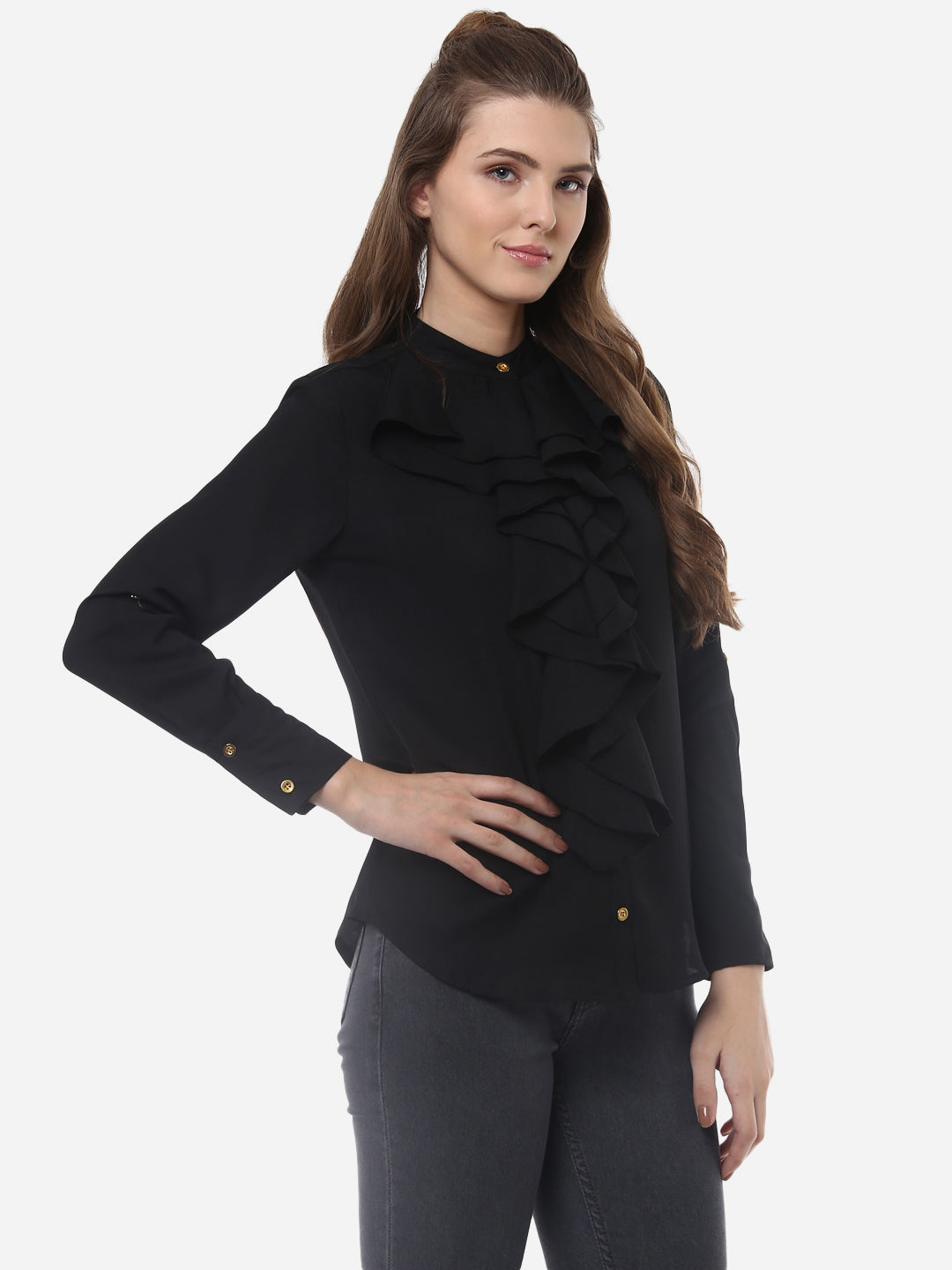 Women's Black Polyester Ruffle Top