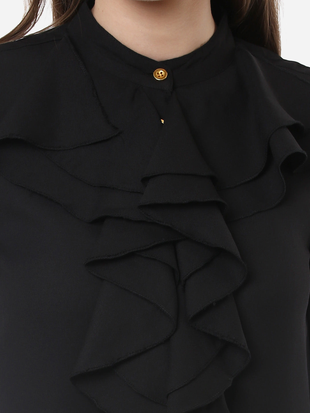 Women's Black Polyester Ruffle Top