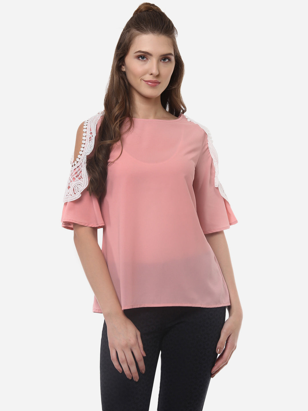 Women's Pink Polyester Top with Lace on the shoulder