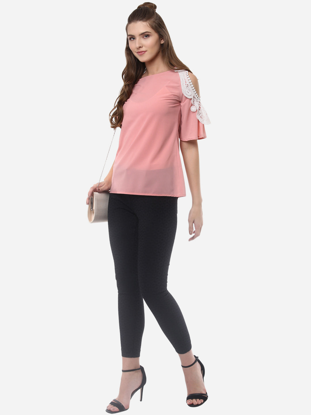 Women's Pink Polyester Top with Lace on the shoulder