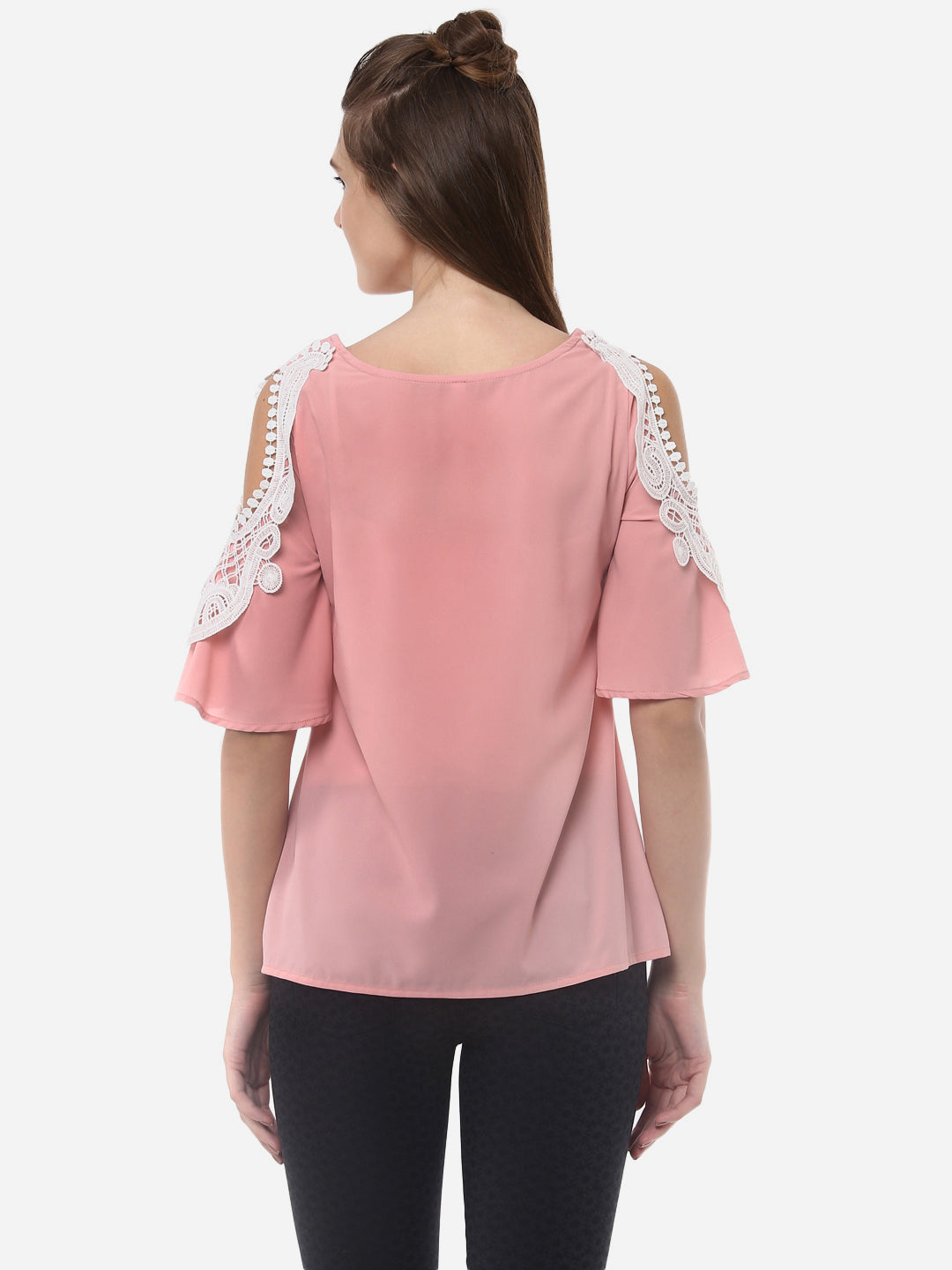 Women's Pink Polyester Top with Lace on the shoulder