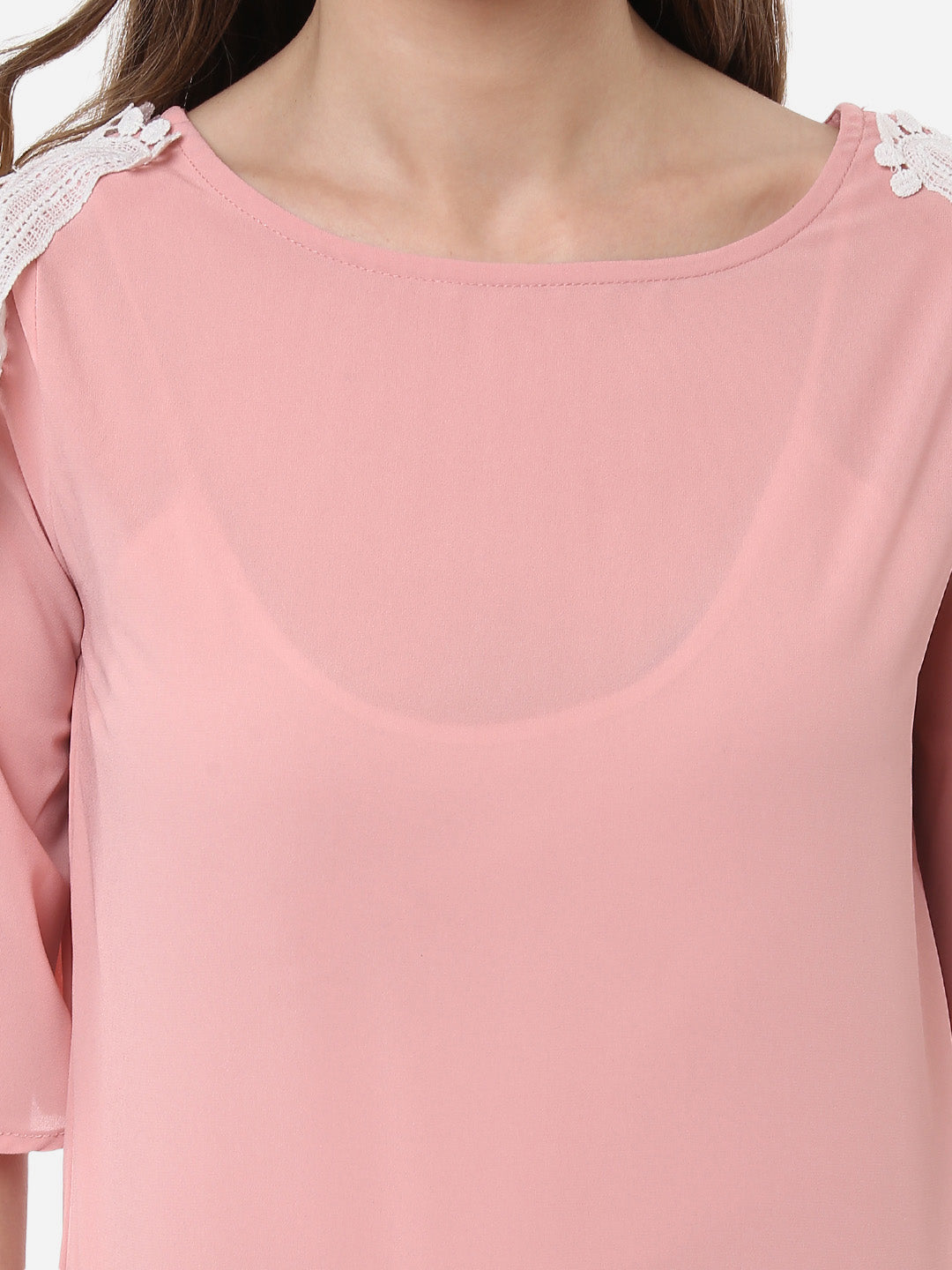 Women's Pink Polyester Top with Lace on the shoulder