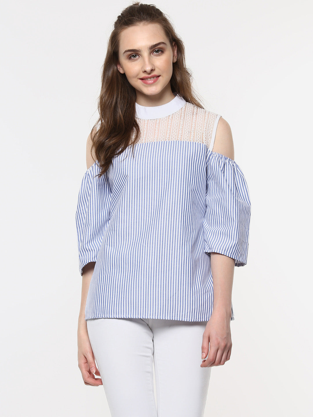 Women's Blue and White Stripe top with Lace detailing