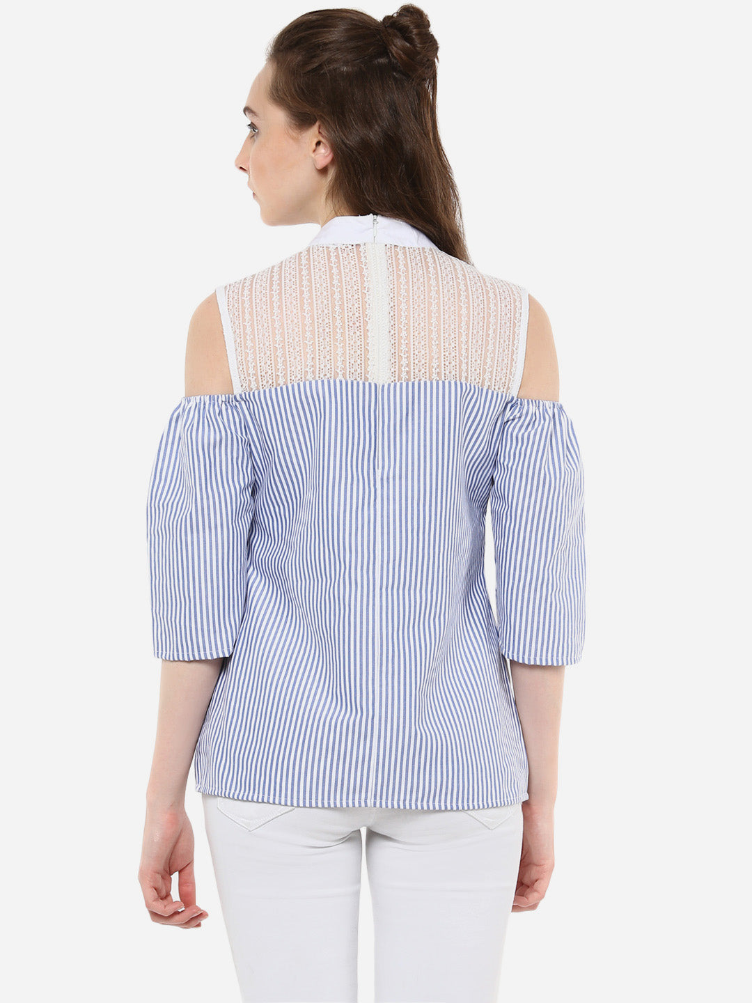 Women's Blue and White Stripe top with Lace detailing