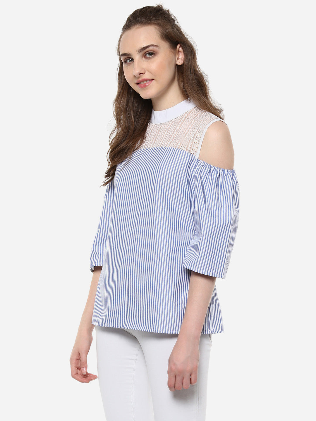 Women's Blue and White Stripe top with Lace detailing