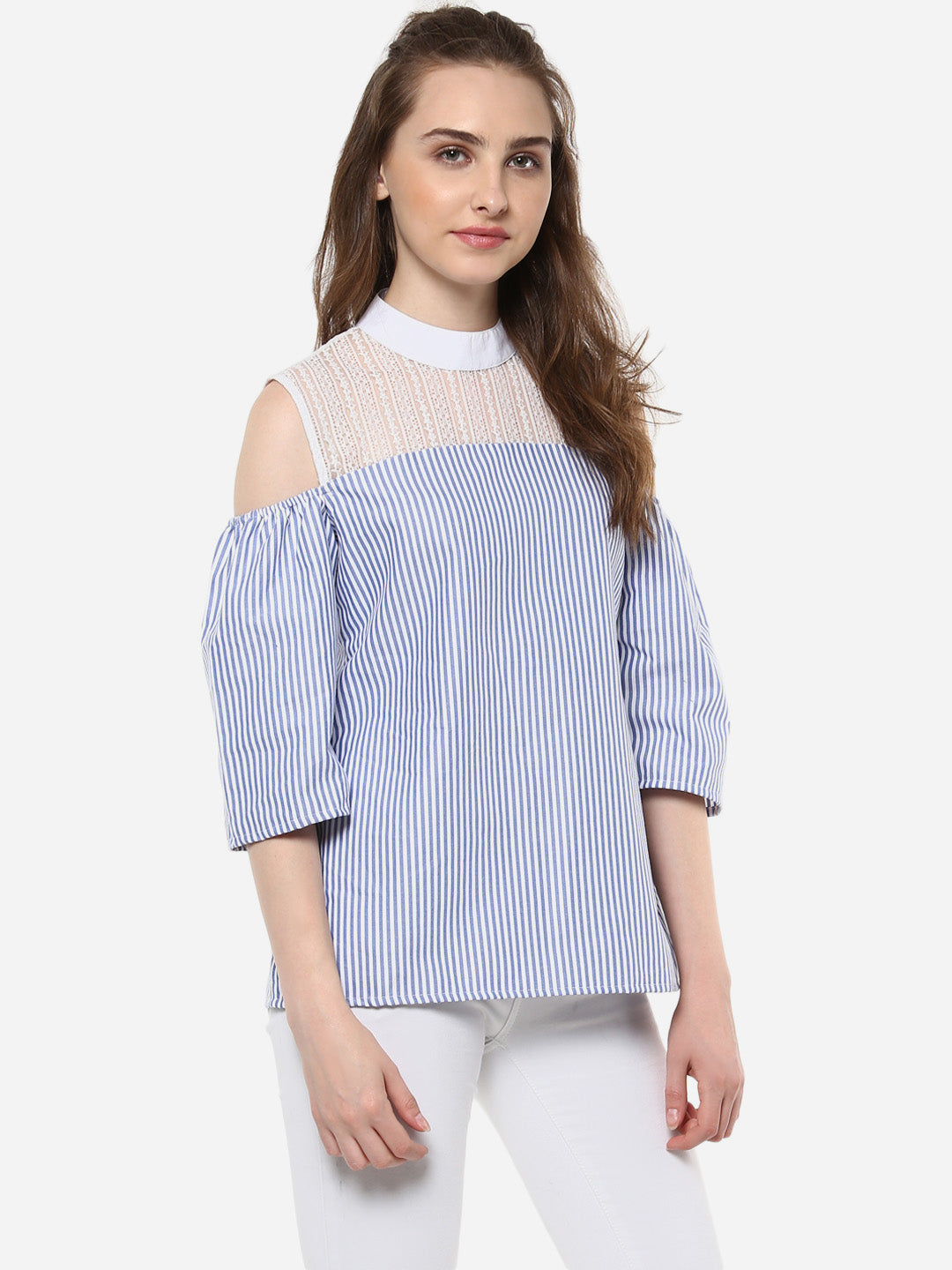 Women's Blue and White Stripe top with Lace detailing