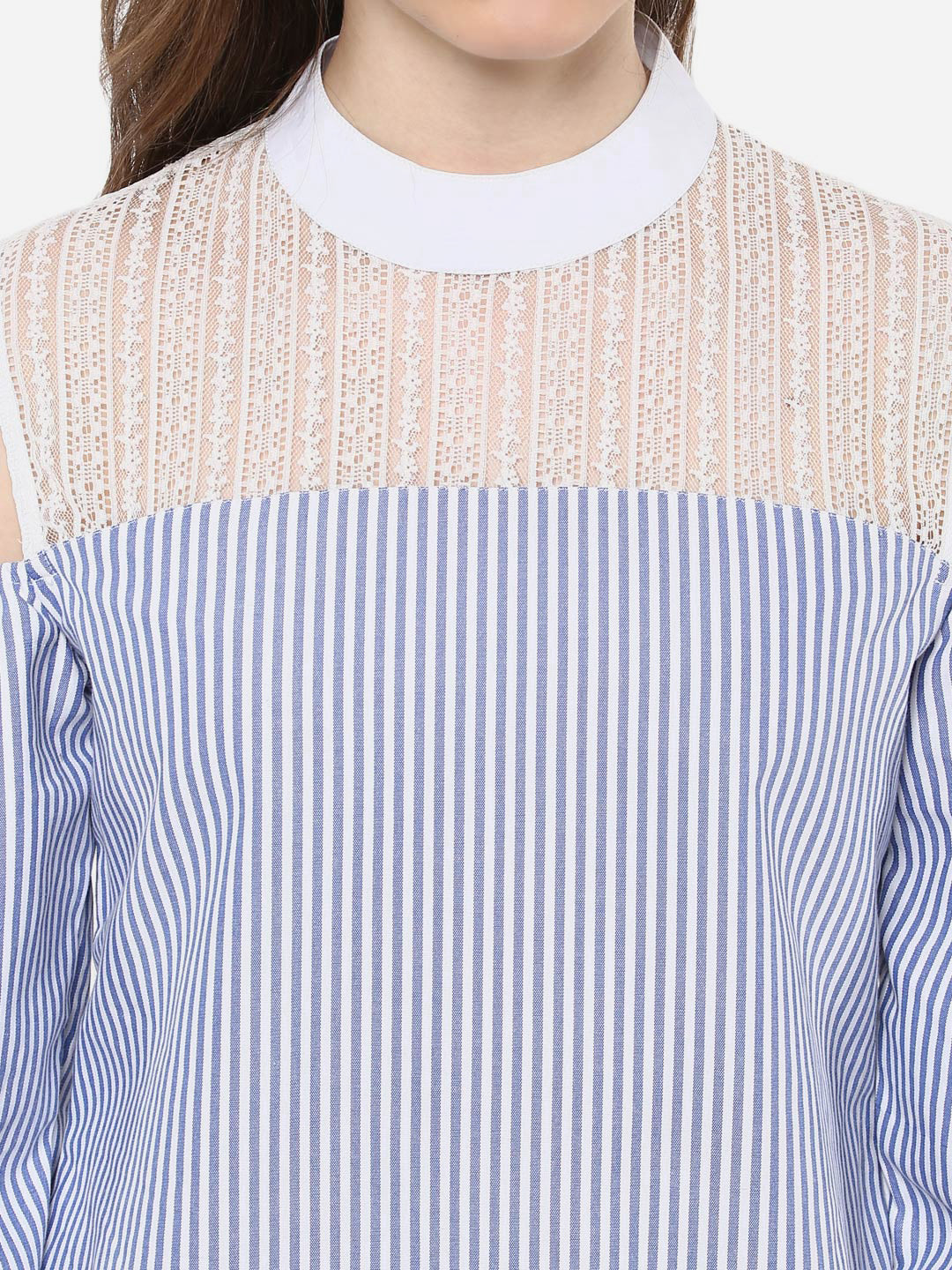 Women's Blue and White Stripe top with Lace detailing