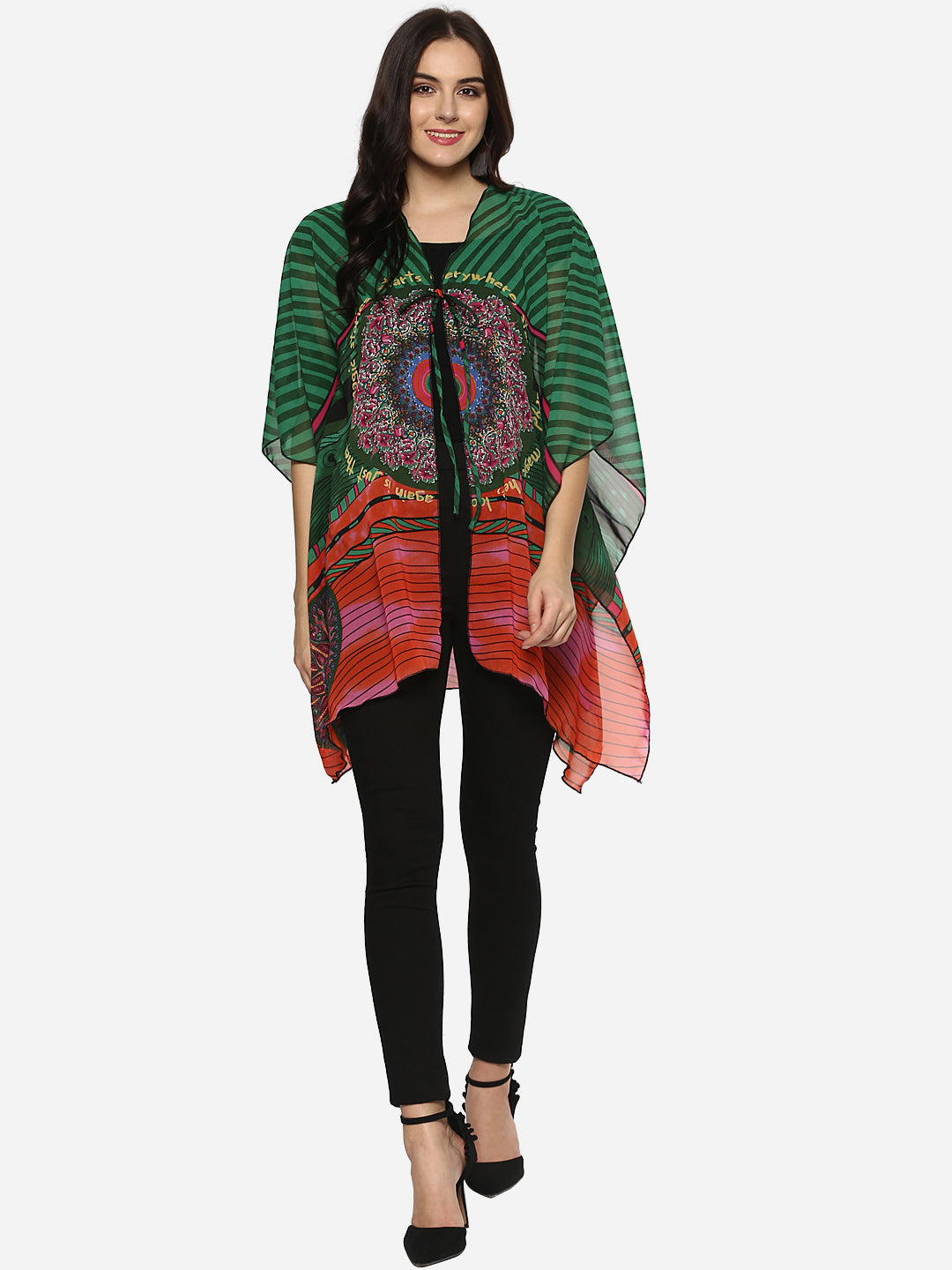 Women's Green Printed Polyester Shrug