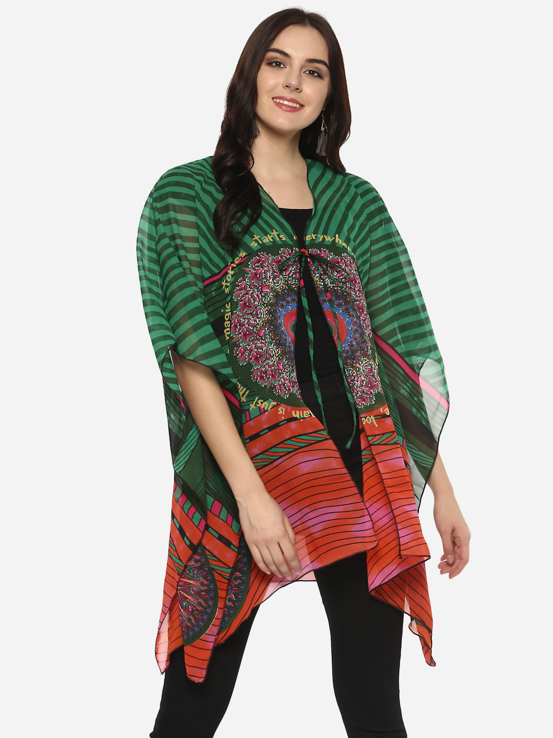 Women's Green Printed Polyester Shrug