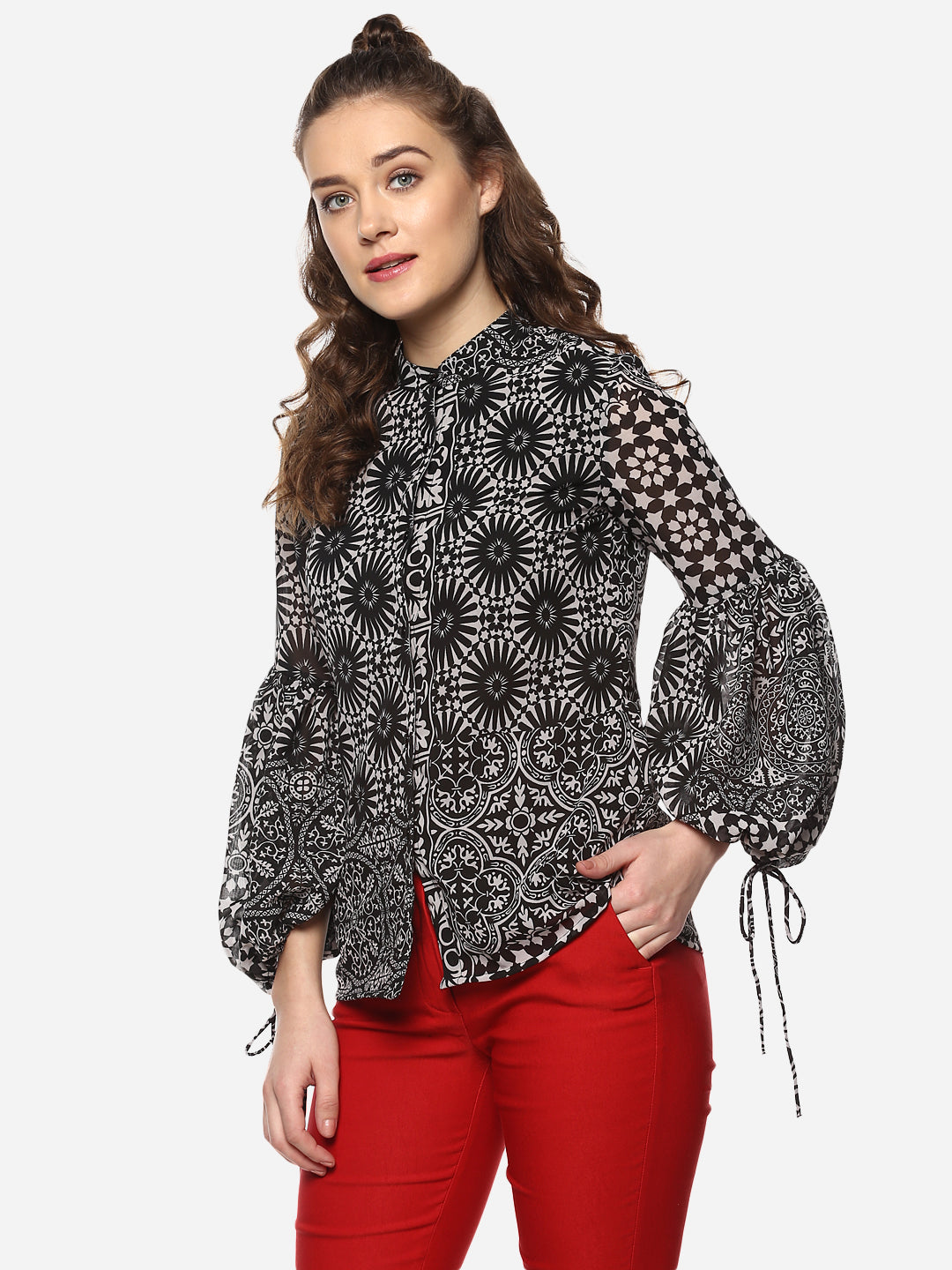 Women's Black Circular Printed Top with Sleeve Tie Up