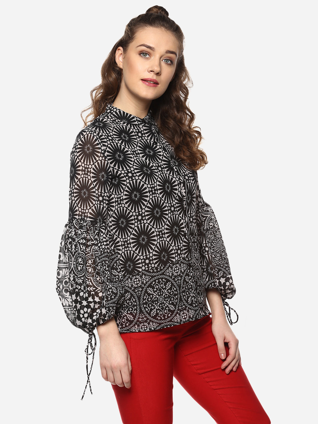 Women's Black Circular Printed Top with Sleeve Tie Up