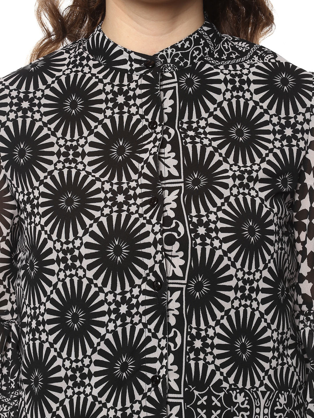 Women's Black Circular Printed Top with Sleeve Tie Up