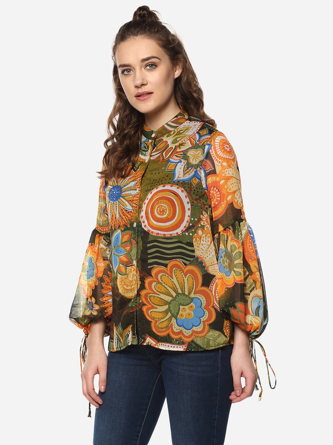 Women's Mustard snd Olive Colored Top with Sleeve Tie Ups