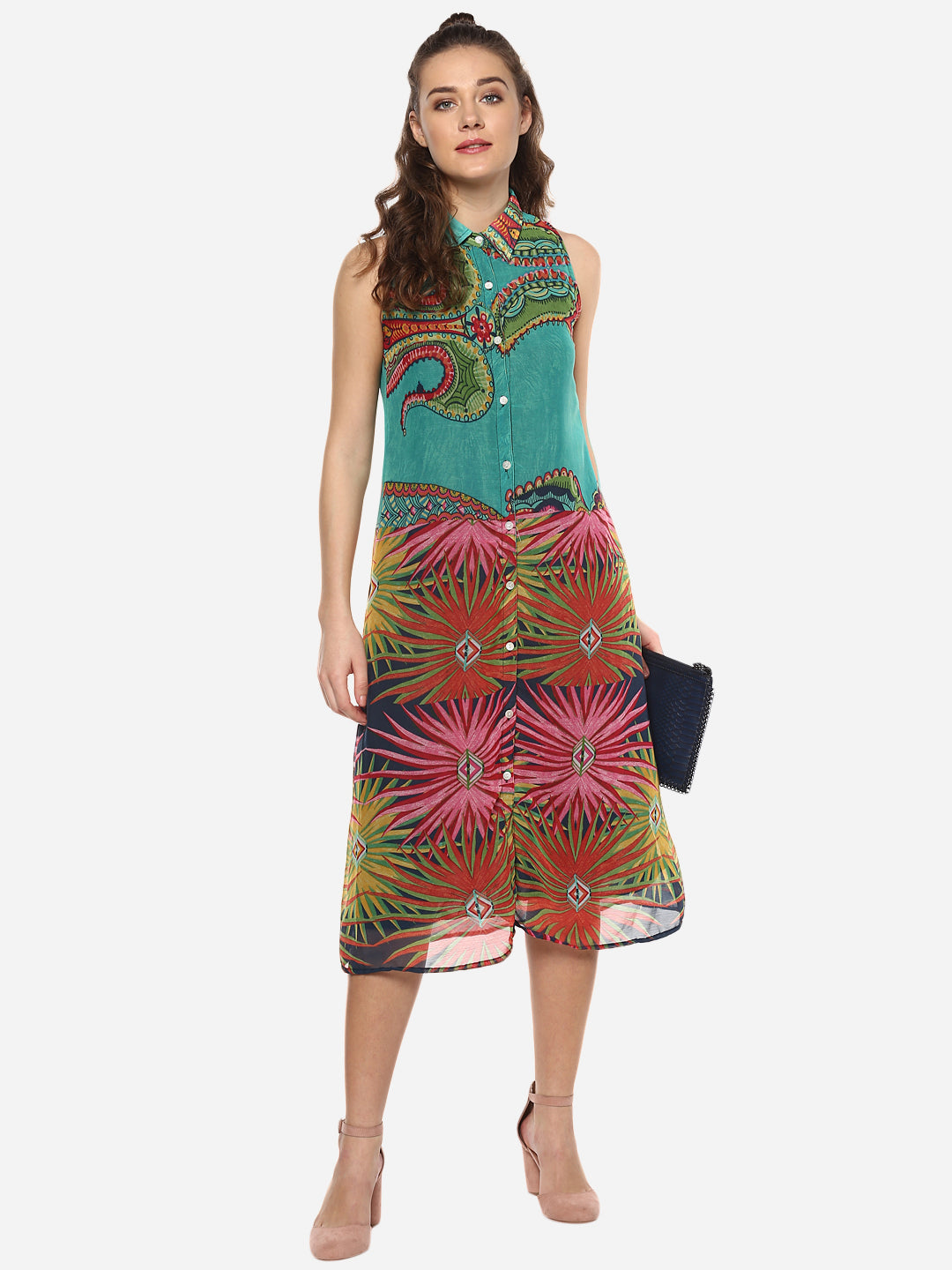 Women's Multicolored Printed Midi Shirt Dress