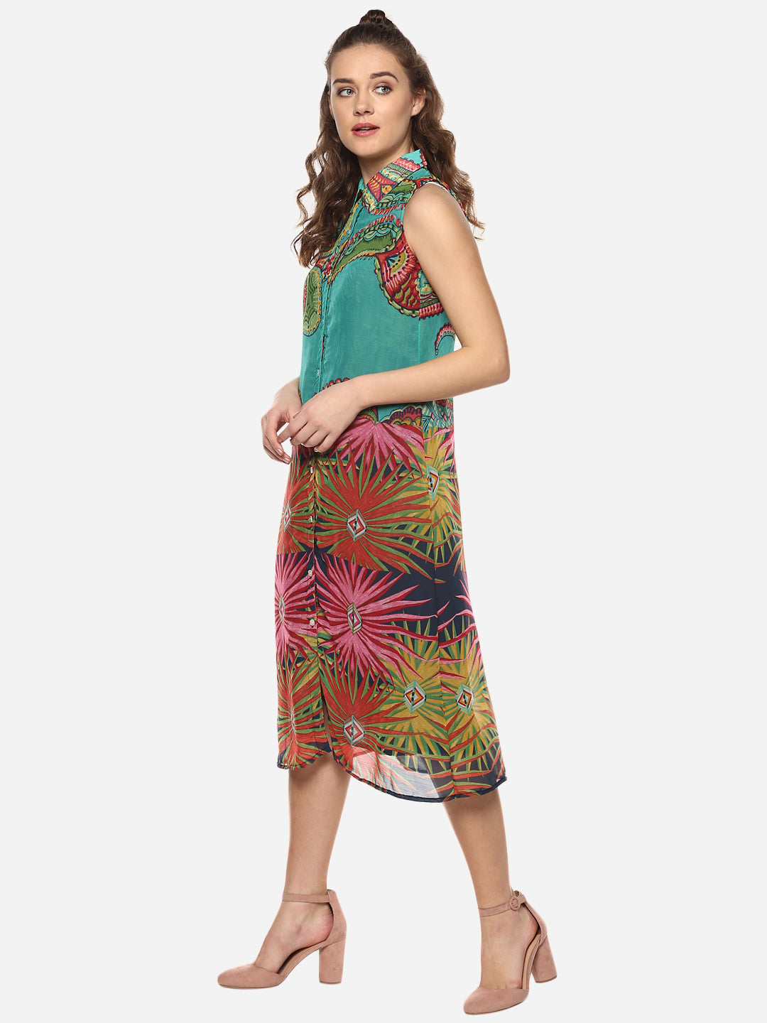 Women's Multicolored Printed Midi Shirt Dress