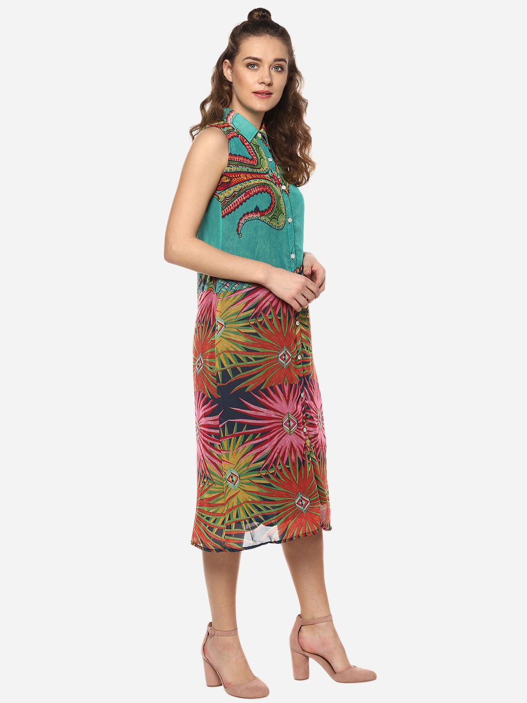 Women's Multicolored Printed Midi Shirt Dress