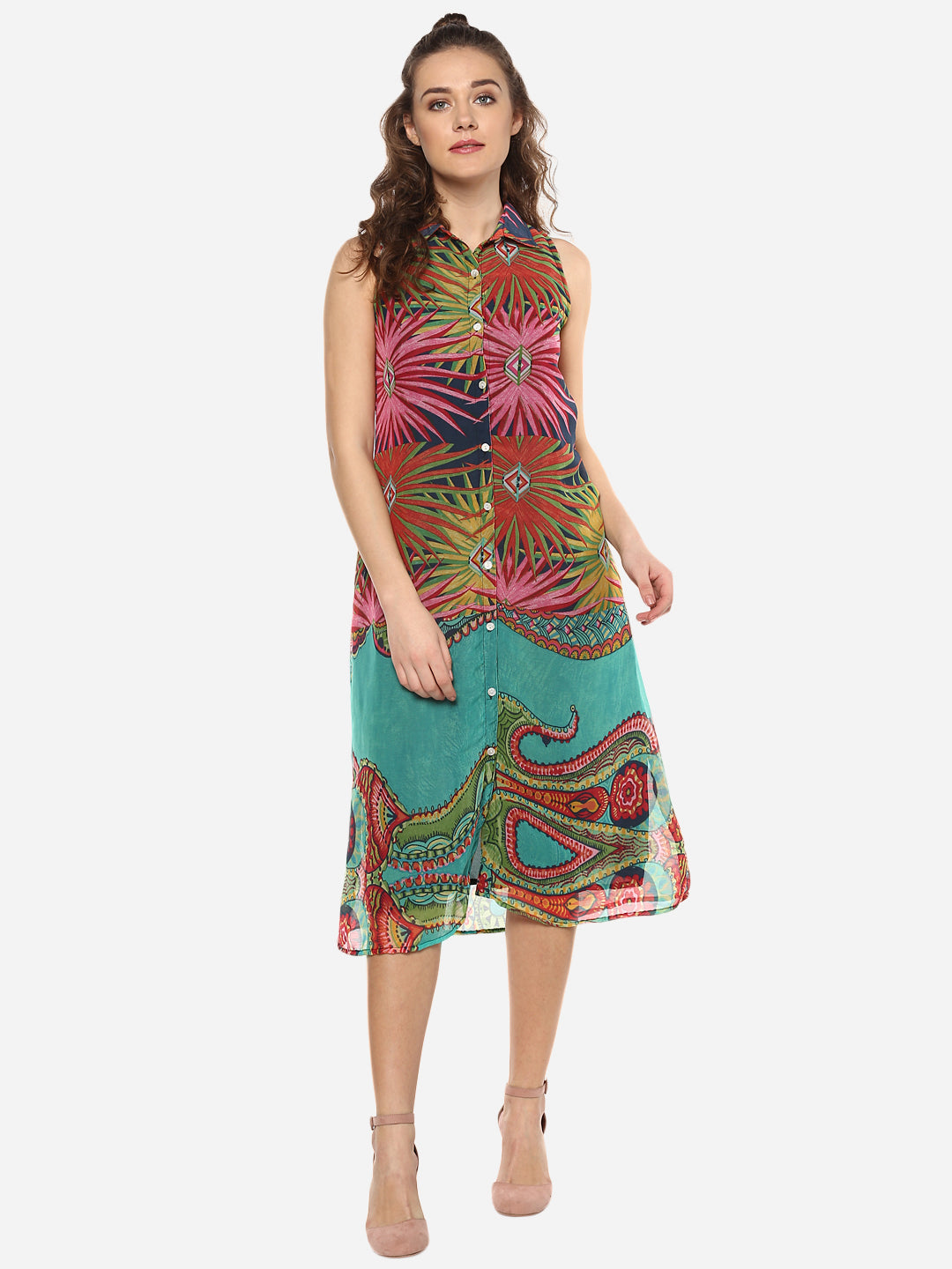 Women's Multicolored Printed Midi Shirt Dress